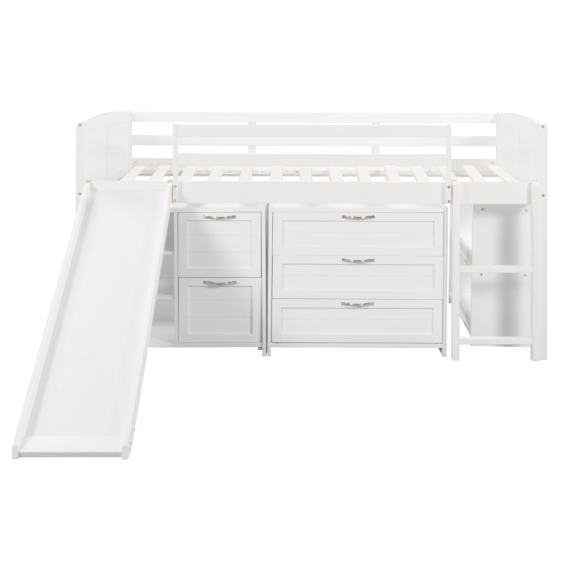 Low Twin Size Loft Bed With Cabinets, Shelves And Slide White Old Sku :Lp000503Aak White Solid Wood
