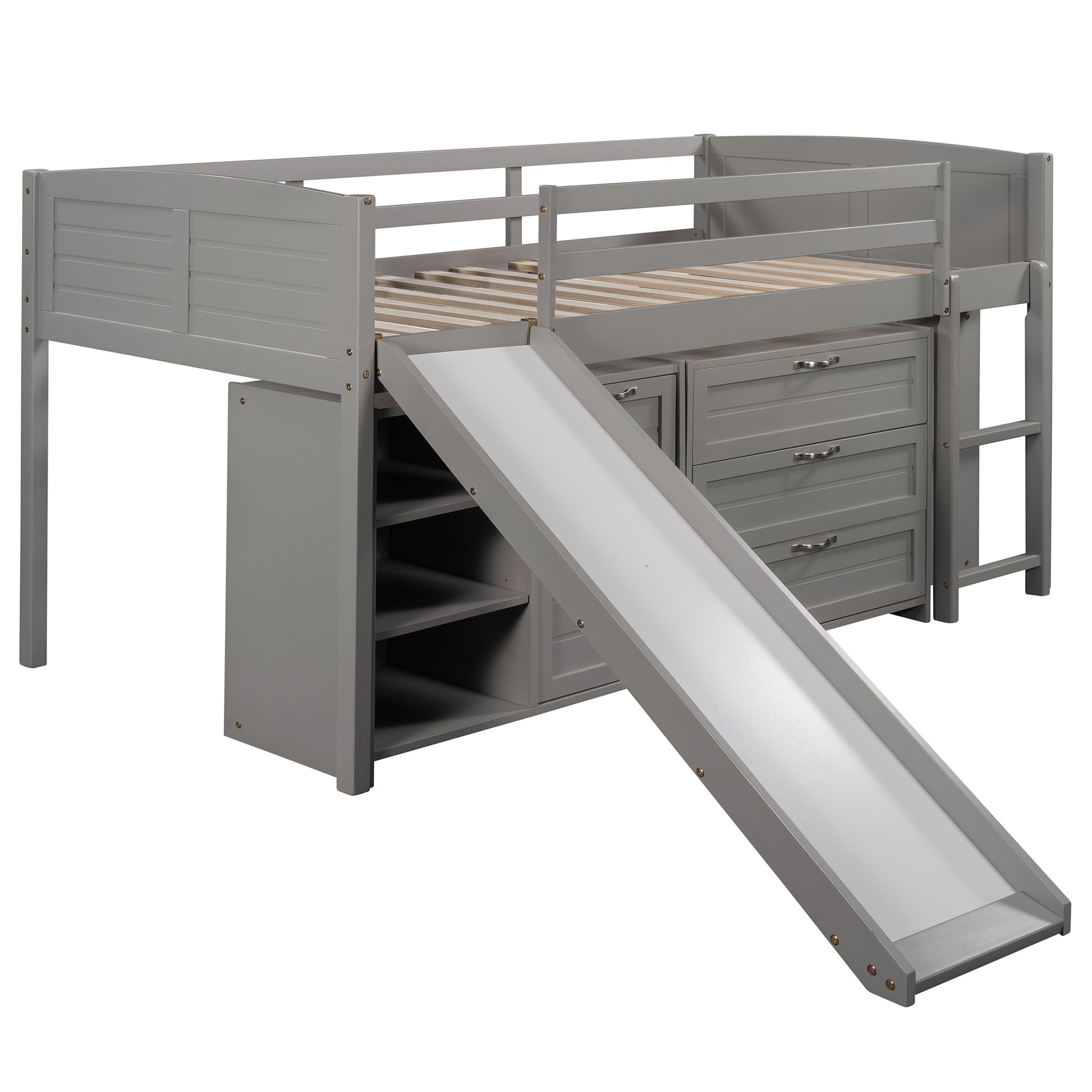 Low Twin Size Loft Bed With Cabinets, Shelves And Slide Gray Old Sku :Lp000503Aae Gray Solid Wood