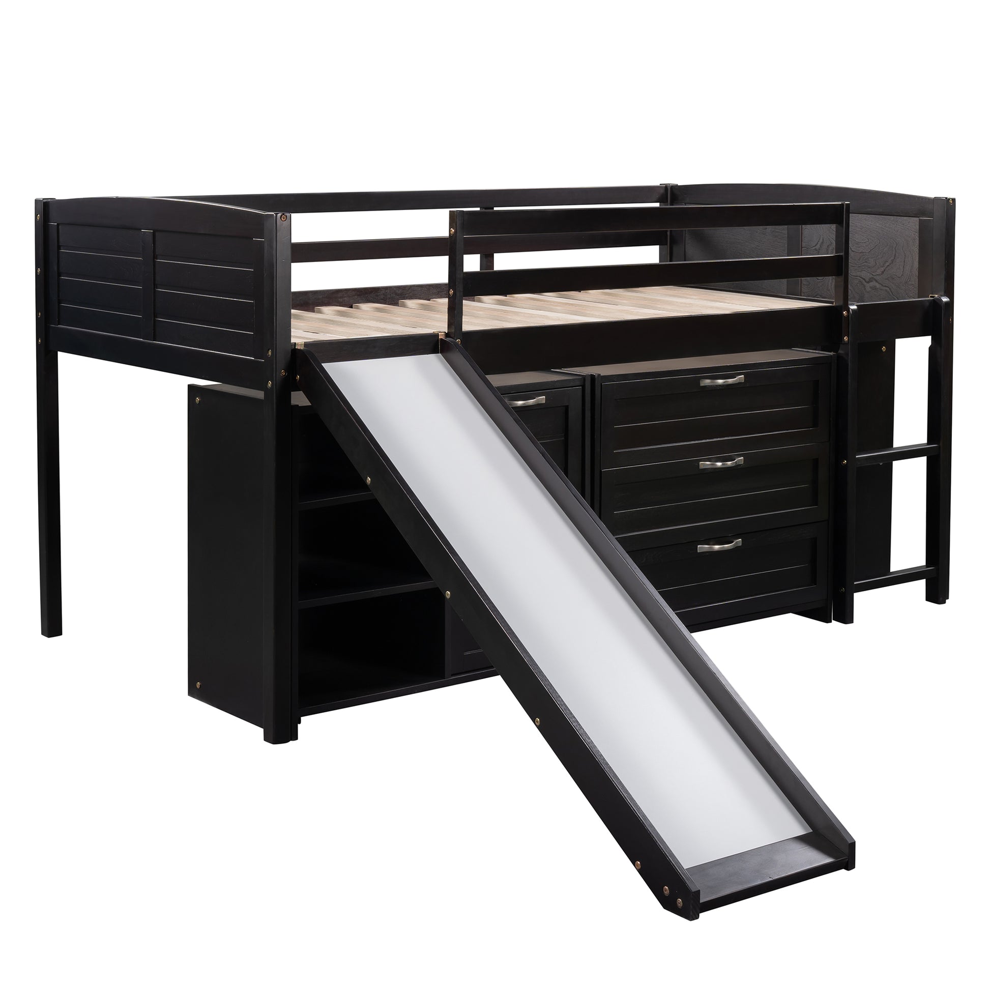 Low Twin Size Loft Bed With Cabinets, Shelves And Slide Espresso Old Sku :Lp000503Aap Espresso Solid Wood