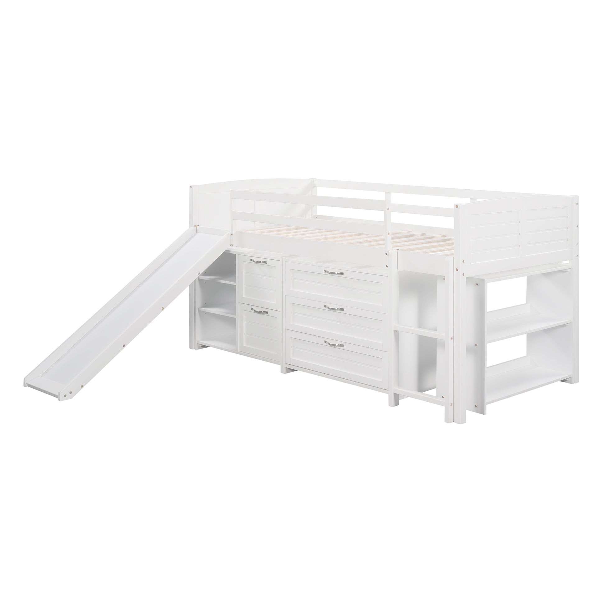 Low Twin Size Loft Bed With Cabinets, Shelves And Slide White Old Sku :Lp000503Aak White Solid Wood