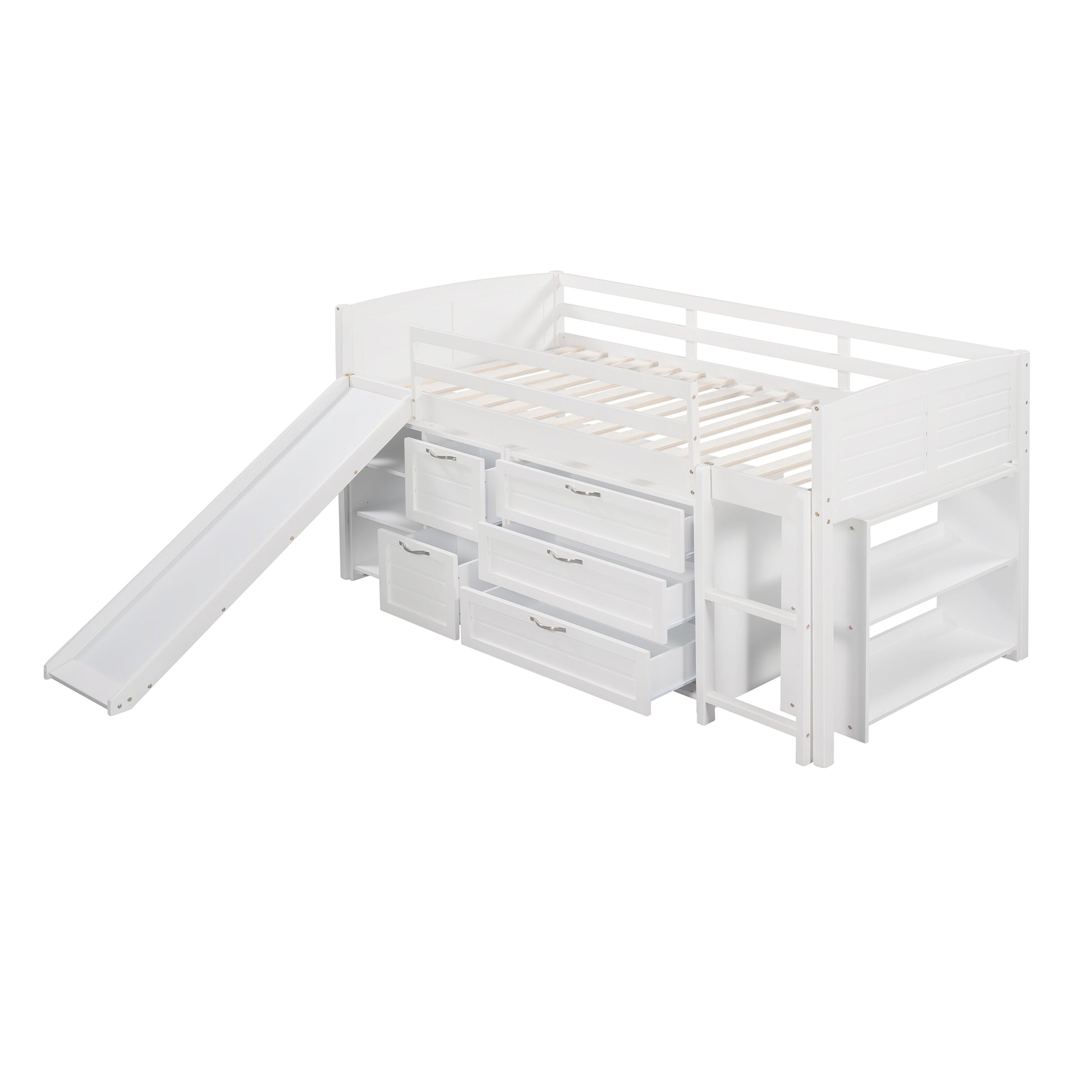 Low Twin Size Loft Bed With Cabinets, Shelves And Slide White Old Sku :Lp000503Aak White Solid Wood