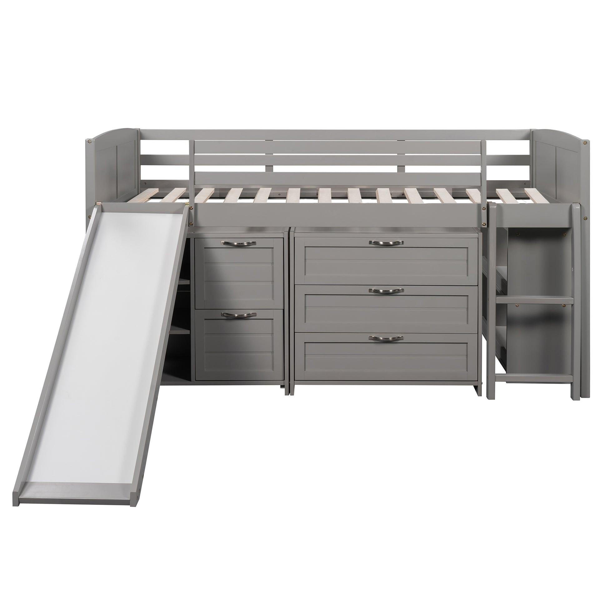 Low Twin Size Loft Bed With Cabinets, Shelves And Slide Gray Old Sku :Lp000503Aae Gray Solid Wood