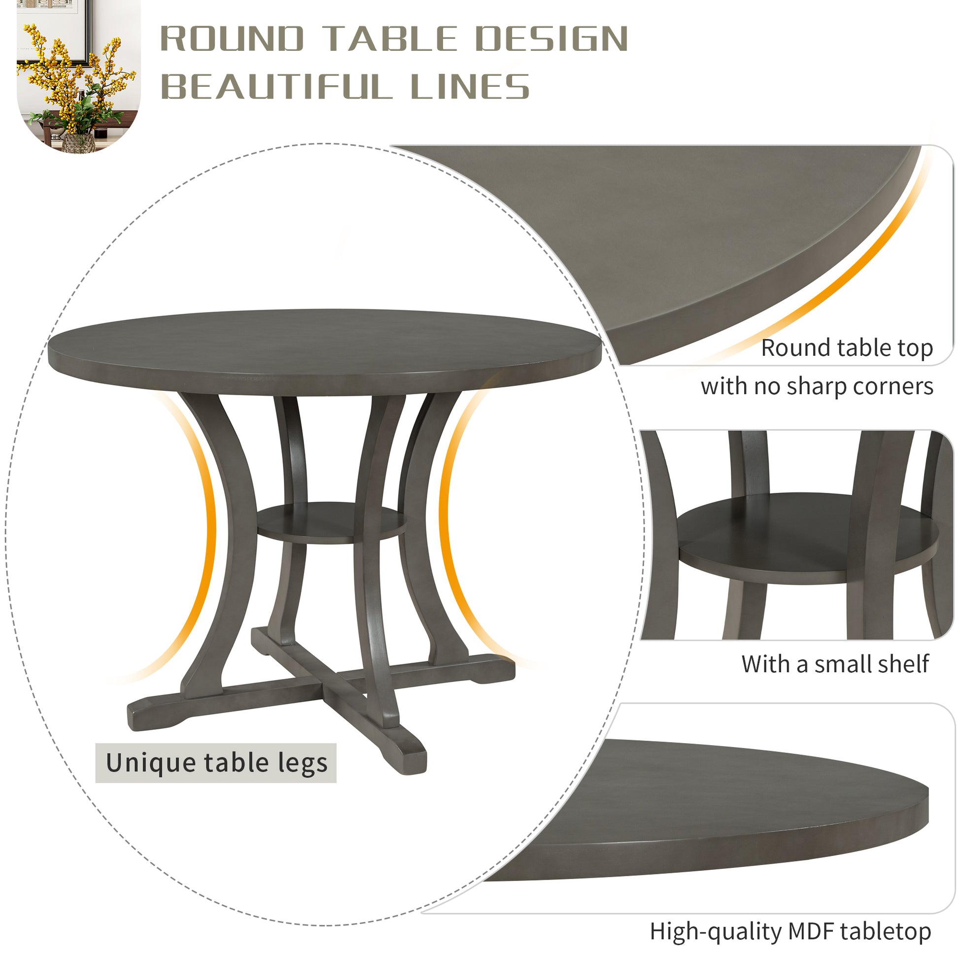 5 Piece Round Dining Table And Chair Set With Special Shaped Legs And An Exquisitely Designed Hollow Chair Back For Dining Room Gray Gray Mdf