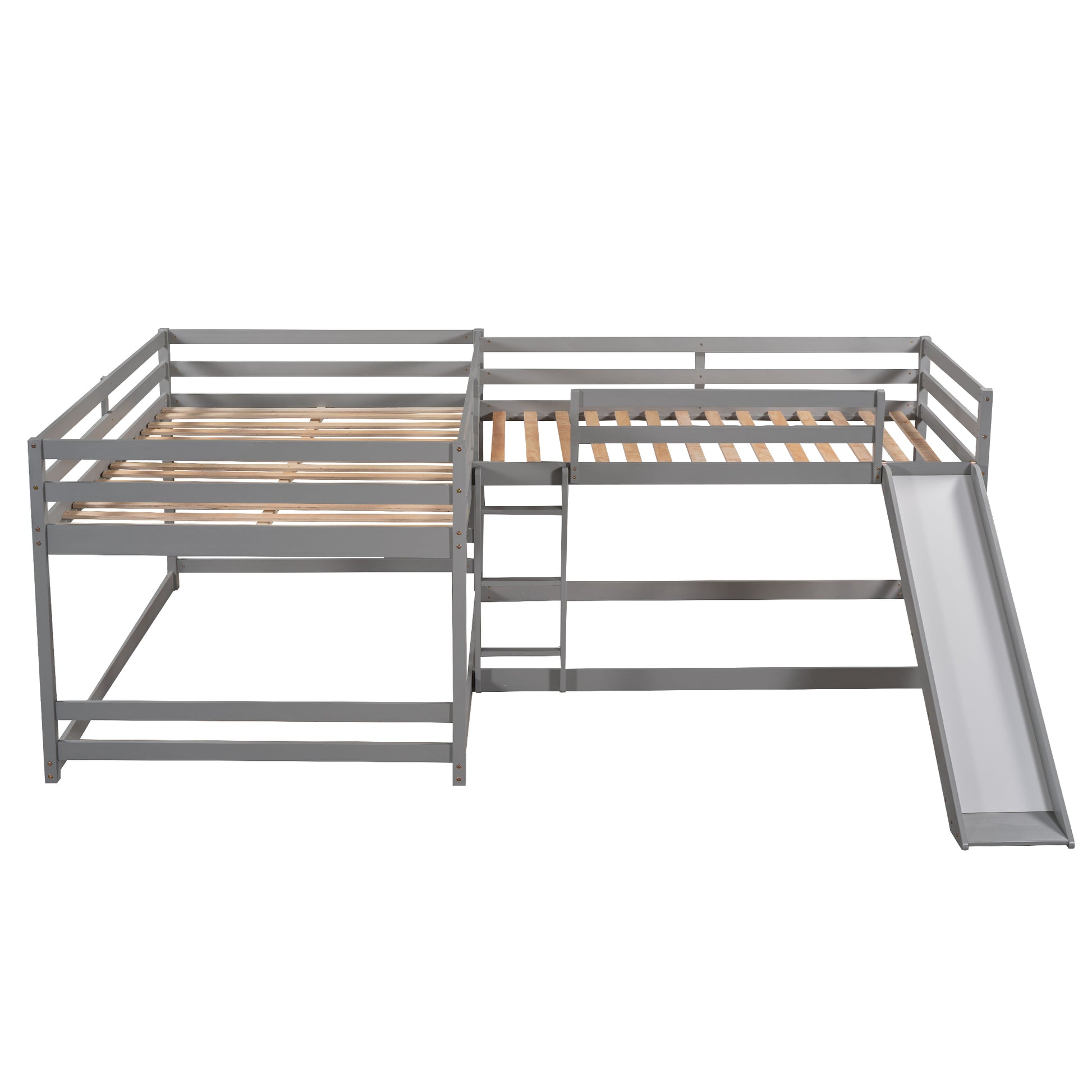 Full And Twin Size L Shaped Bunk Bed With Slide And Short Ladder,Gray Twin Gray Pine