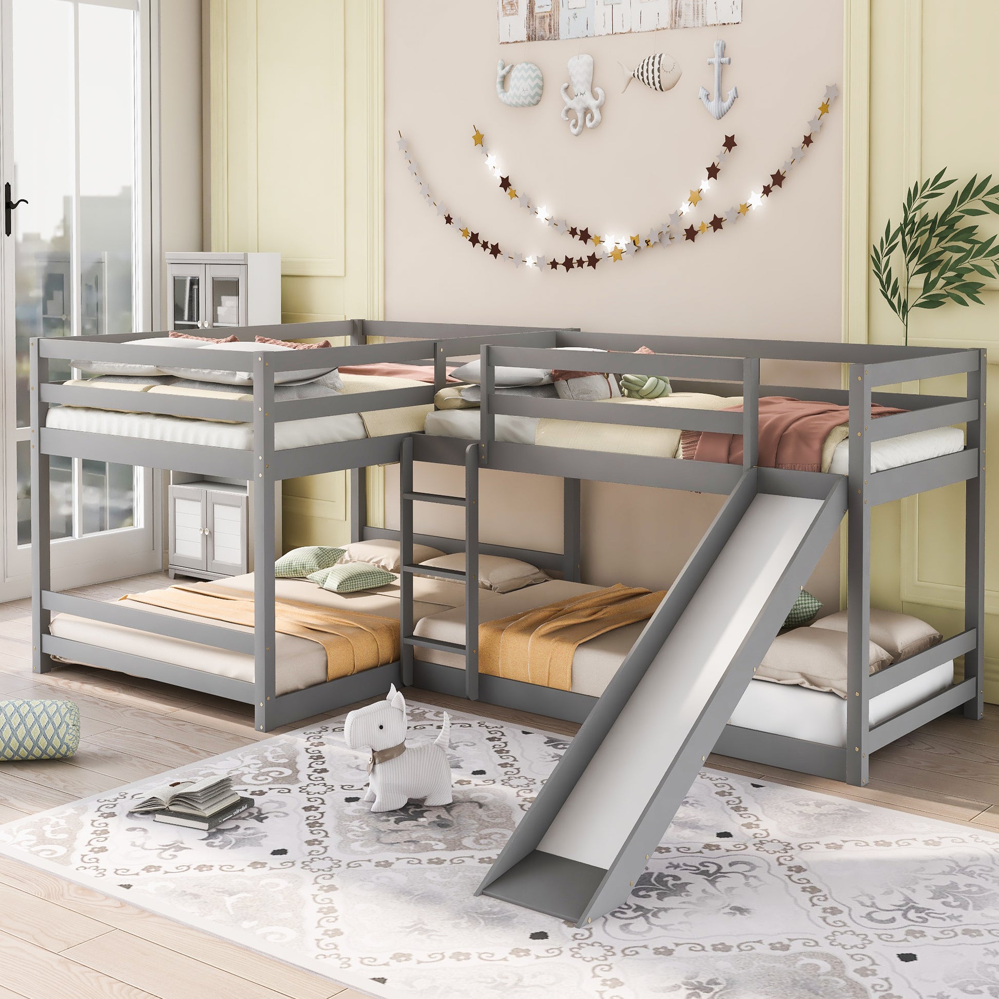 Full And Twin Size L Shaped Bunk Bed With Slide And Short Ladder,Gray Twin Gray Pine