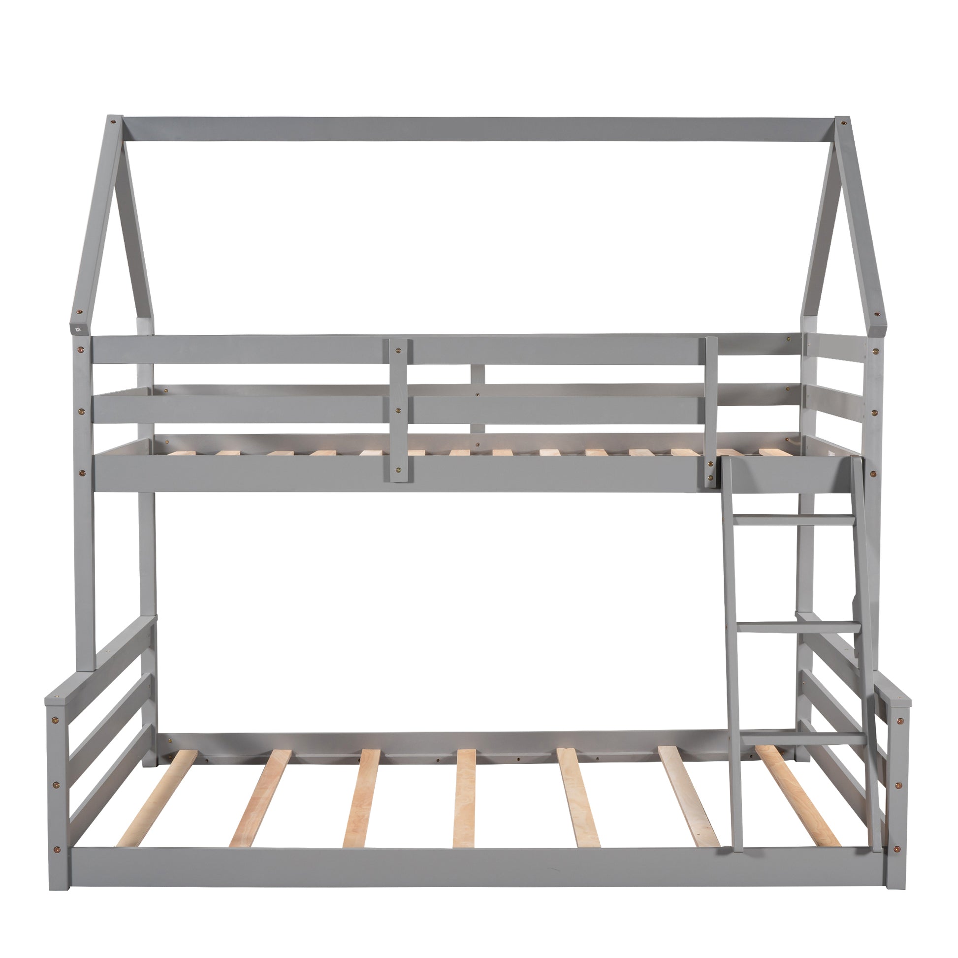 Twin Over Full House Bunk Bed With Built In Ladder,Gray Gray Pine