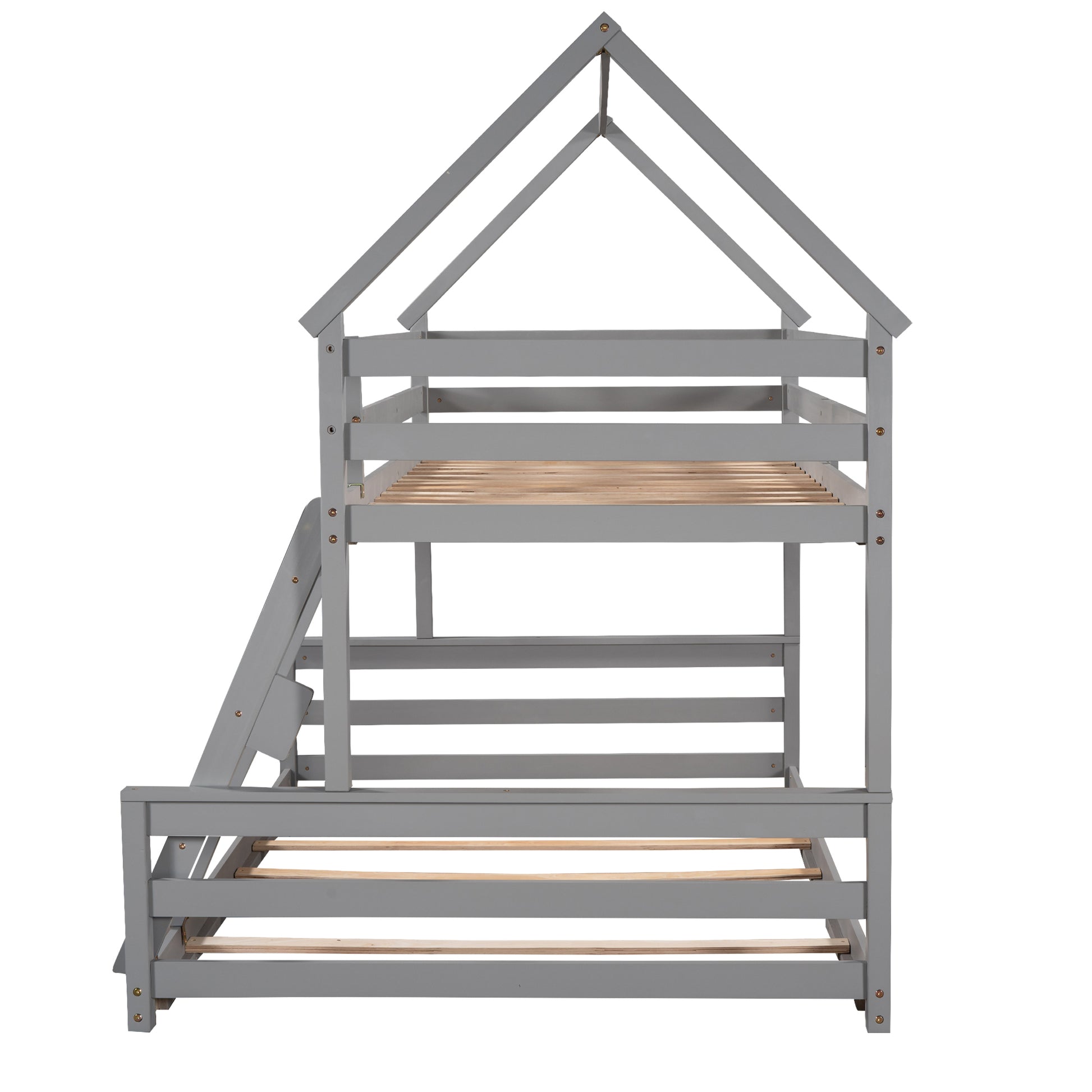 Twin Over Full House Bunk Bed With Built In Ladder,Gray Gray Pine