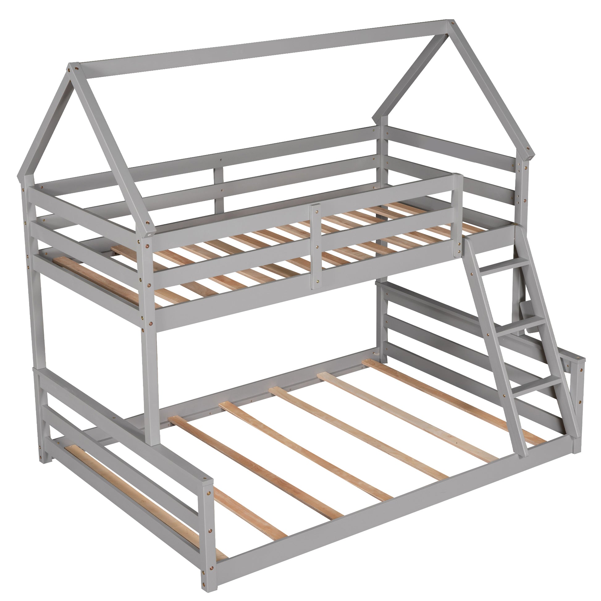 Twin Over Full House Bunk Bed With Built In Ladder,Gray Gray Pine