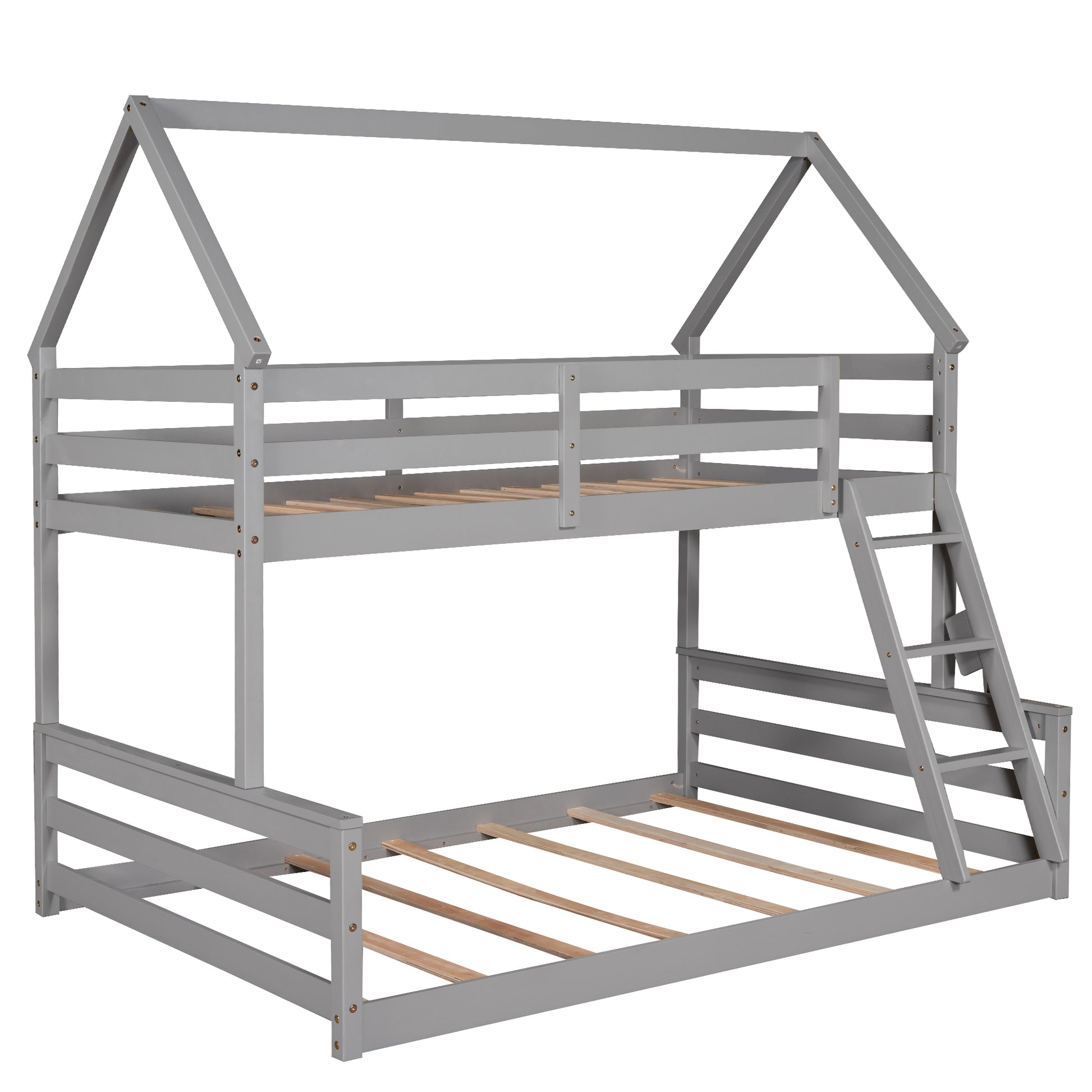 Twin Over Full House Bunk Bed With Built In Ladder,Gray Gray Pine