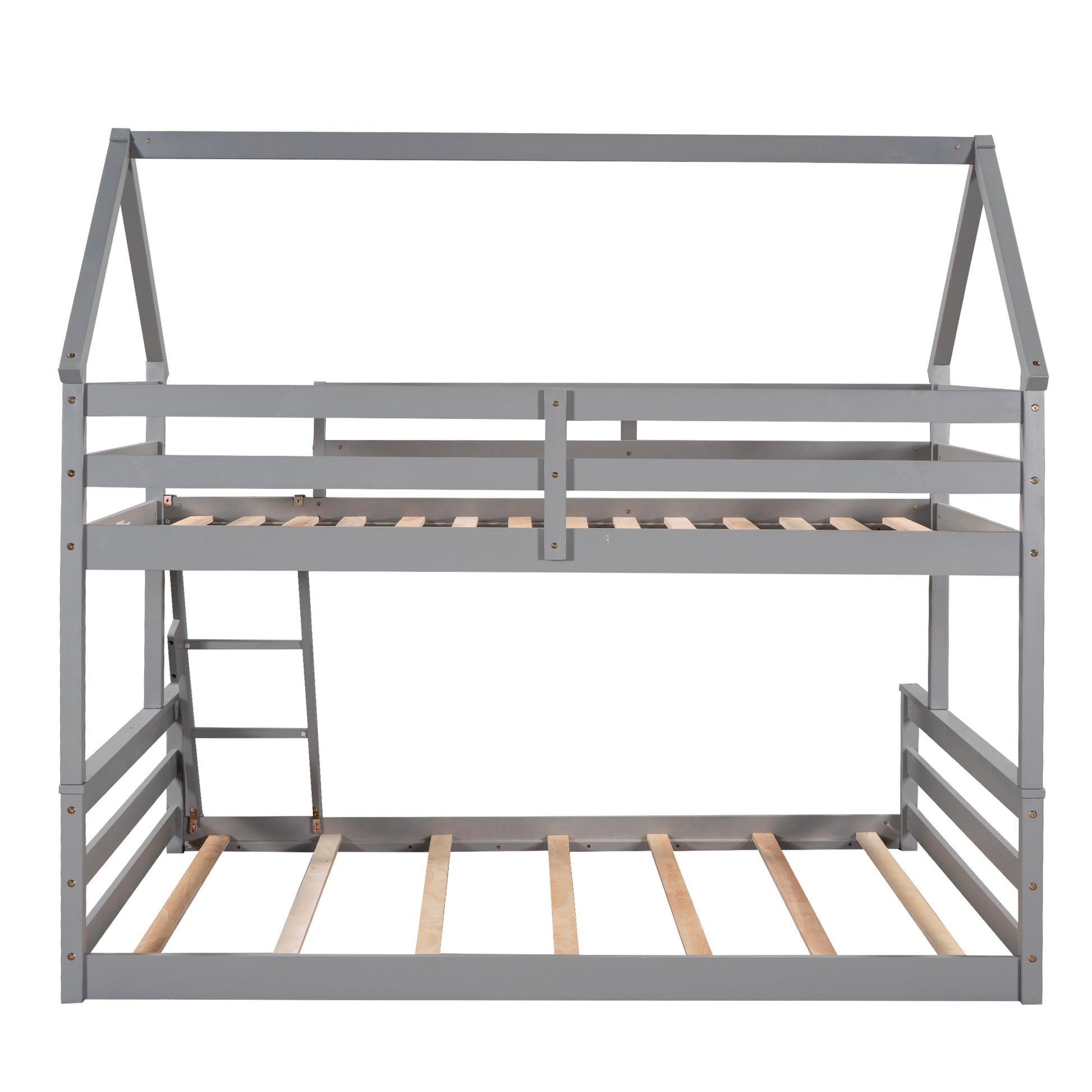 Twin Over Full House Bunk Bed With Built In Ladder,Gray Gray Pine
