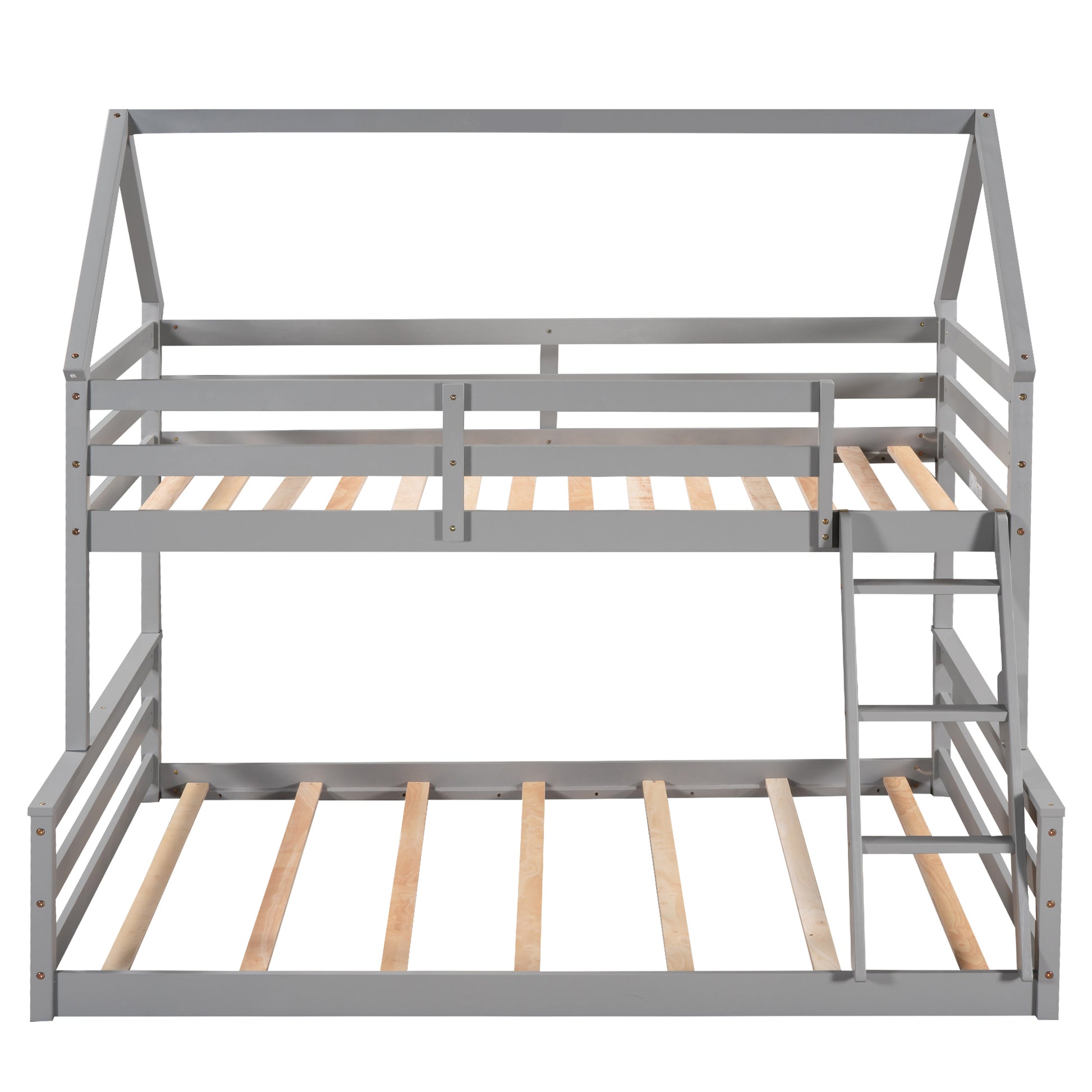 Twin Over Full House Bunk Bed With Built In Ladder,Gray Gray Pine