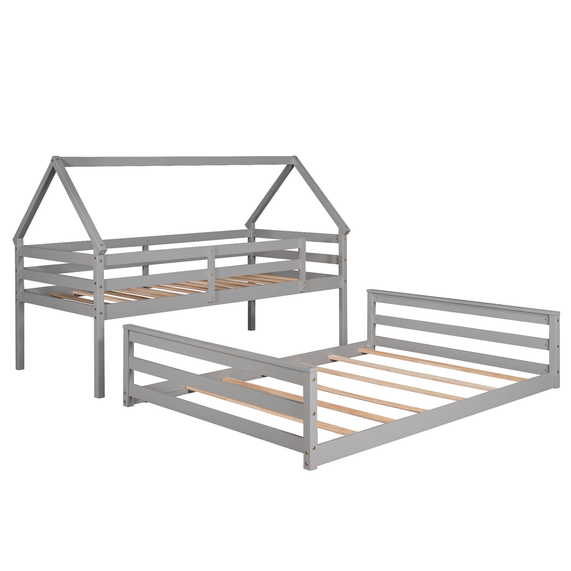 Twin Over Full House Bunk Bed With Built In Ladder,Gray Gray Pine