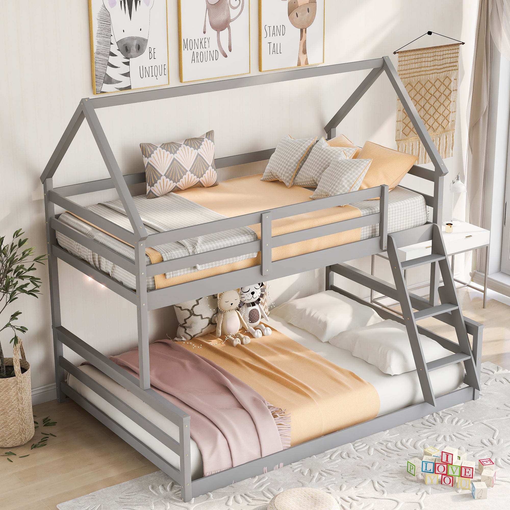 Twin Over Full House Bunk Bed With Built In Ladder,Gray Gray Pine