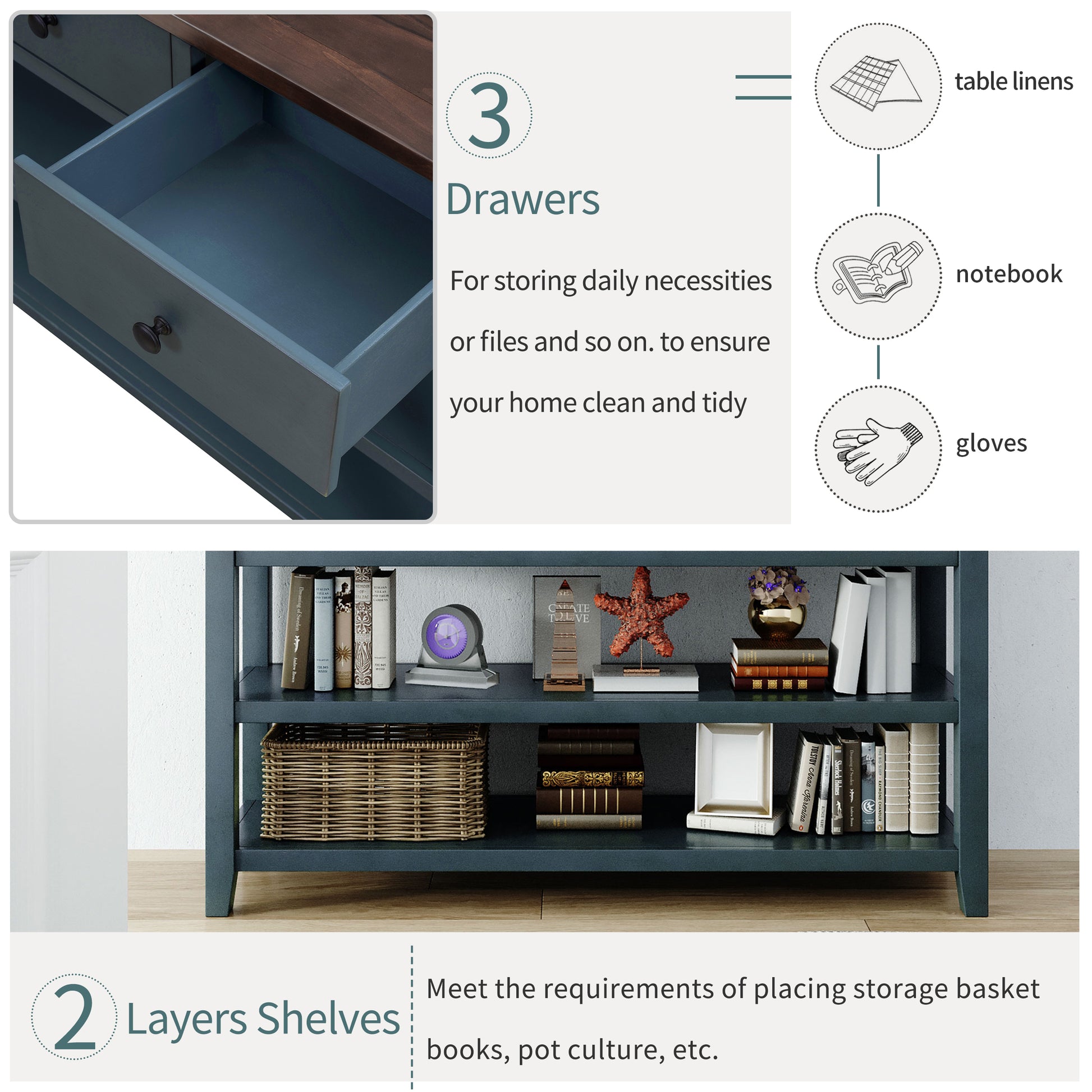 Retro Design Console Table With Two Open Shelves, Pine Solid Wood Frame And Legs For Living Room Navy Navy Solid Wood