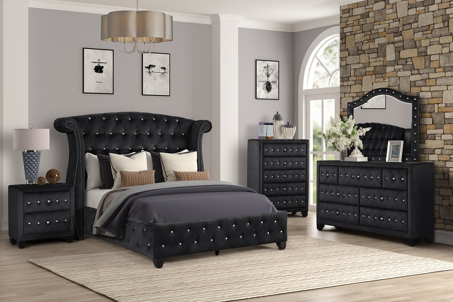 Sophia Crystal Tufted Full Bed Made With Wood In Black Color Box Spring Not Required Full Black Wood Bedroom Contemporary,Modern Acacia Upholstered Velvet Wood