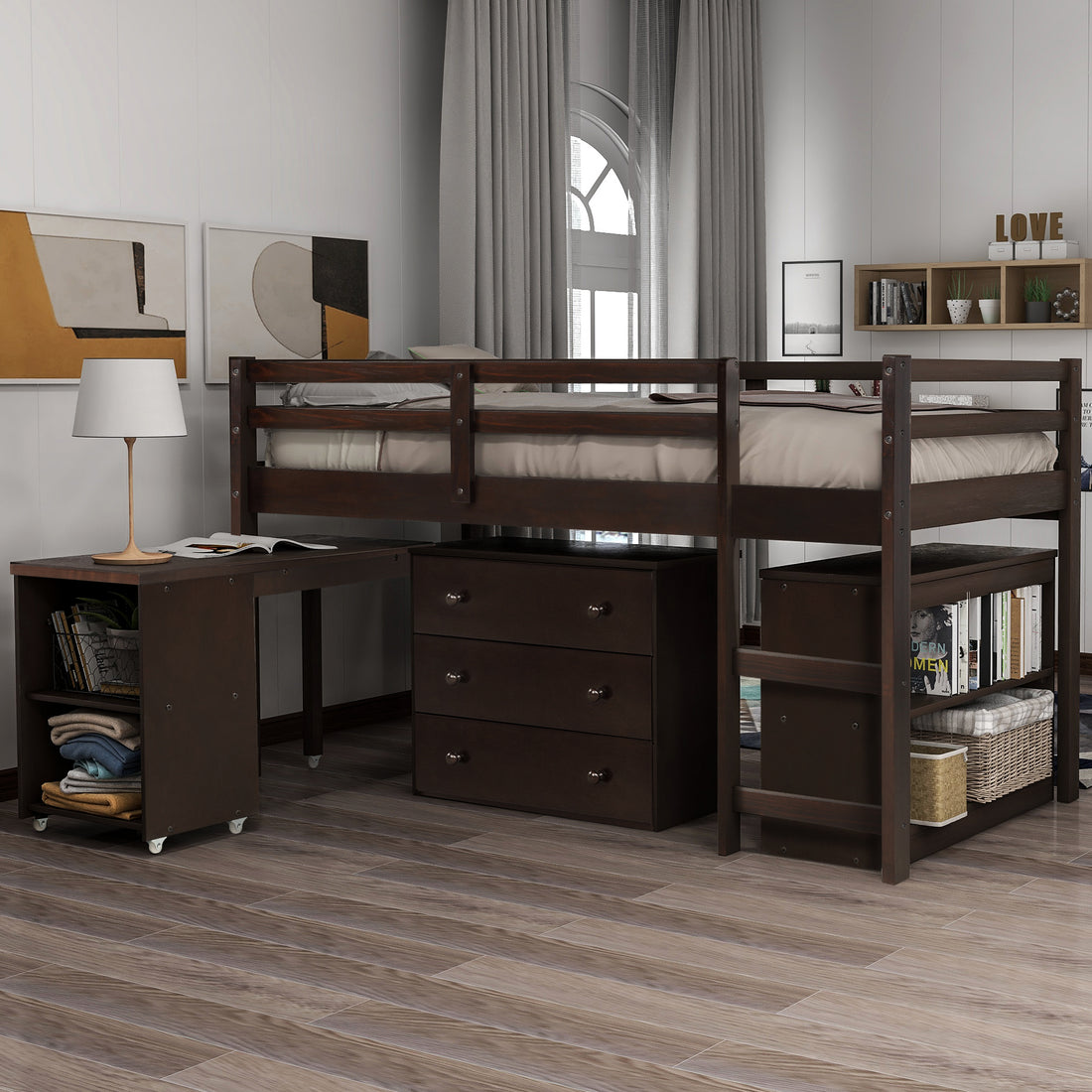 Low Study Twin Loft Bed With Cabinet And Rolling Portable Desk Espresso Old Sku :Lp000113Aap Espresso Solid Wood