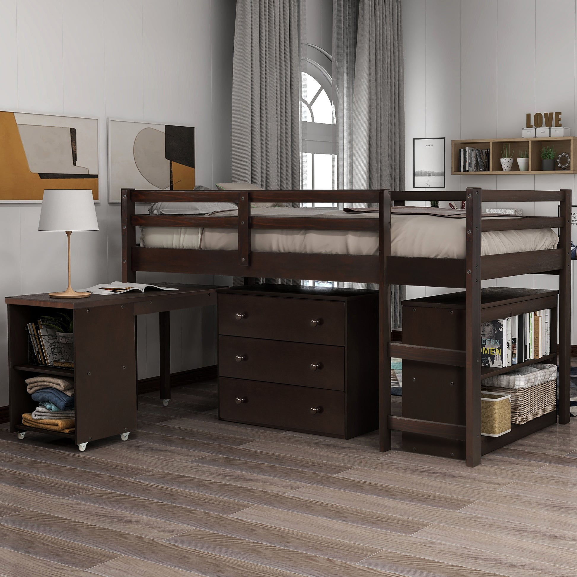 Low Study Twin Loft Bed With Cabinet And Rolling Portable Desk Espresso Old Sku :Lp000113Aap Espresso Solid Wood