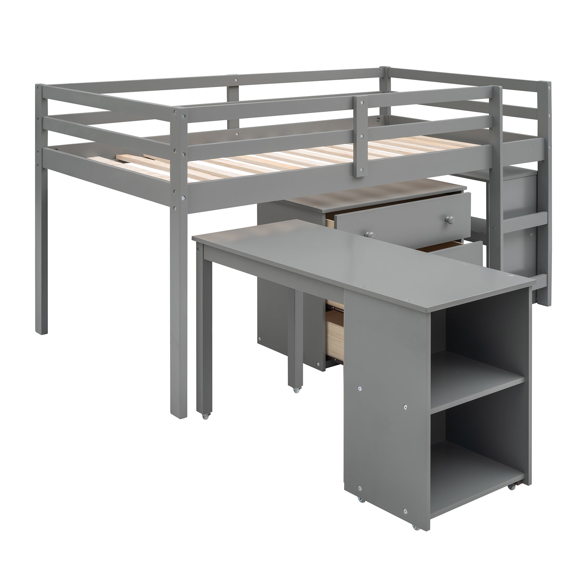 Low Study Twin Loft Bed With Cabinet And Rolling Portable Desk Gray Old Sku :Lp000113Aae Gray Solid Wood