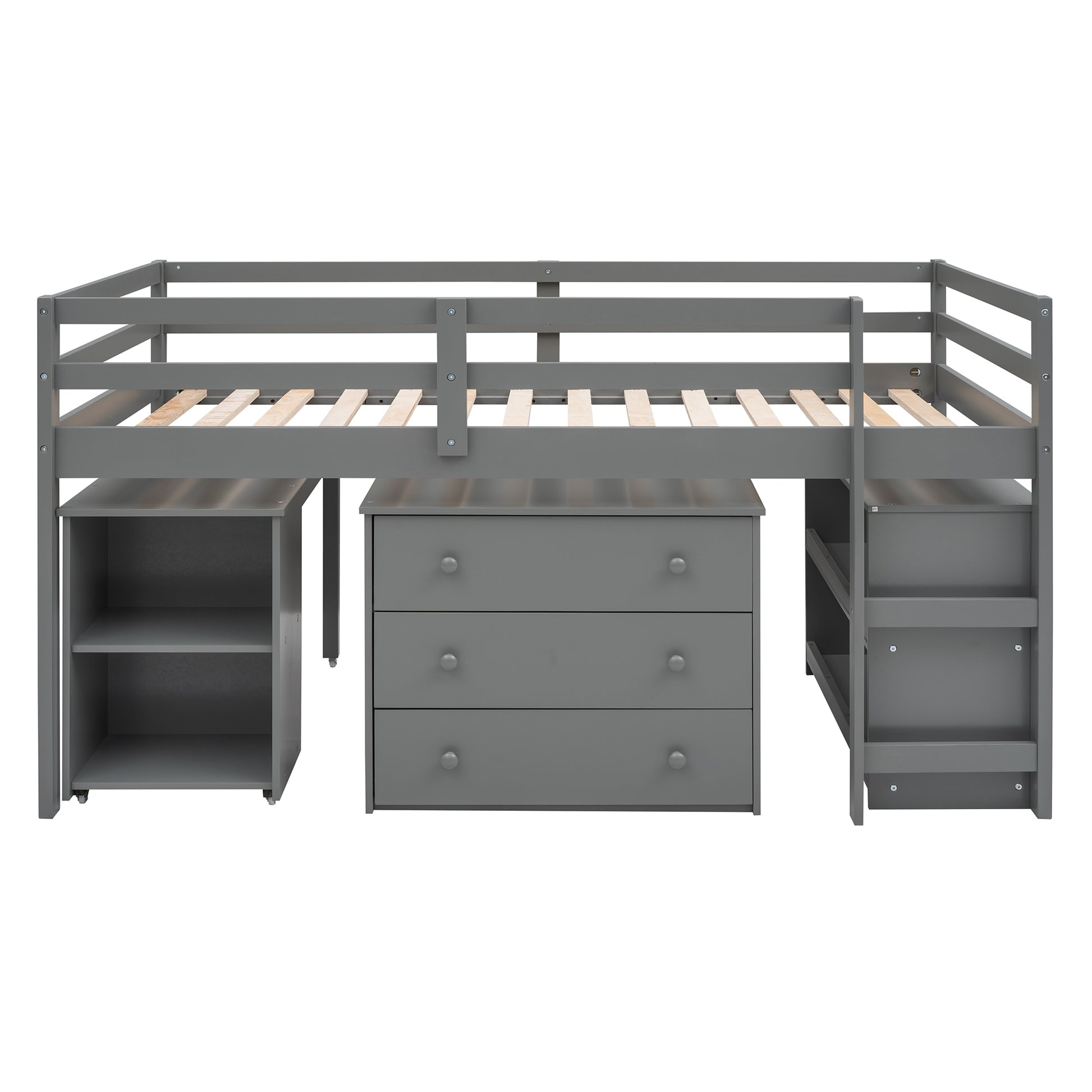 Low Study Twin Loft Bed With Cabinet And Rolling Portable Desk Gray Old Sku :Lp000113Aae Gray Solid Wood