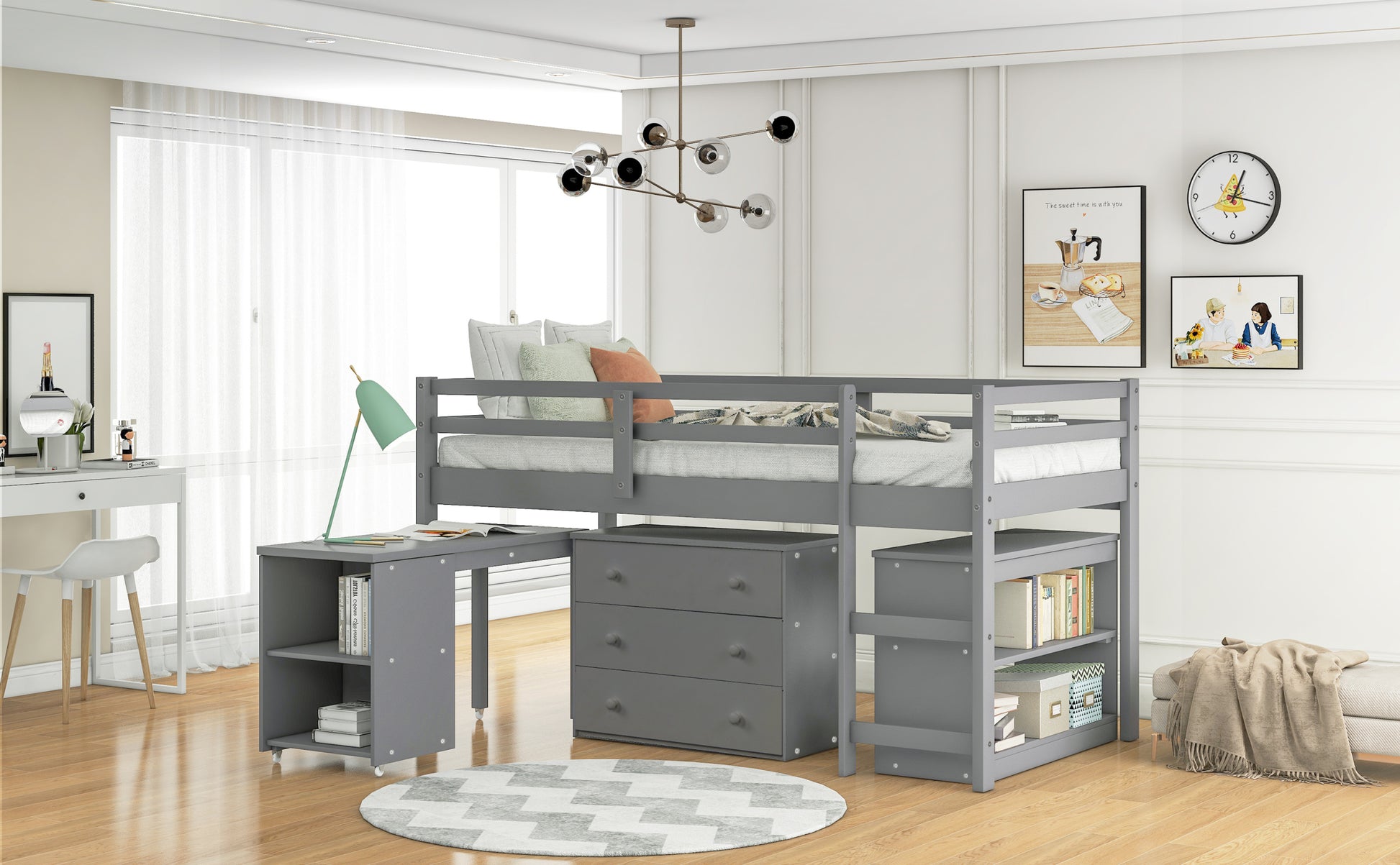 Low Study Twin Loft Bed With Cabinet And Rolling Portable Desk Gray Old Sku :Lp000113Aae Gray Solid Wood