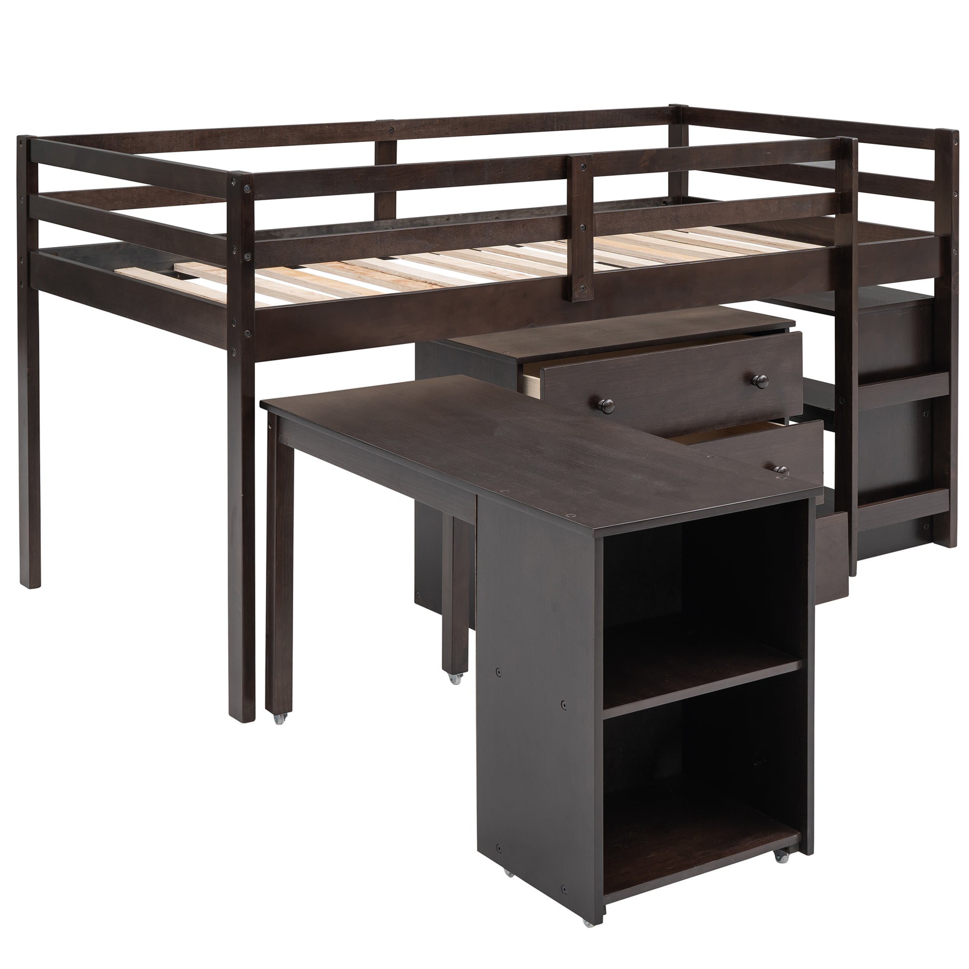 Low Study Twin Loft Bed With Cabinet And Rolling Portable Desk Espresso Old Sku :Lp000113Aap Espresso Solid Wood