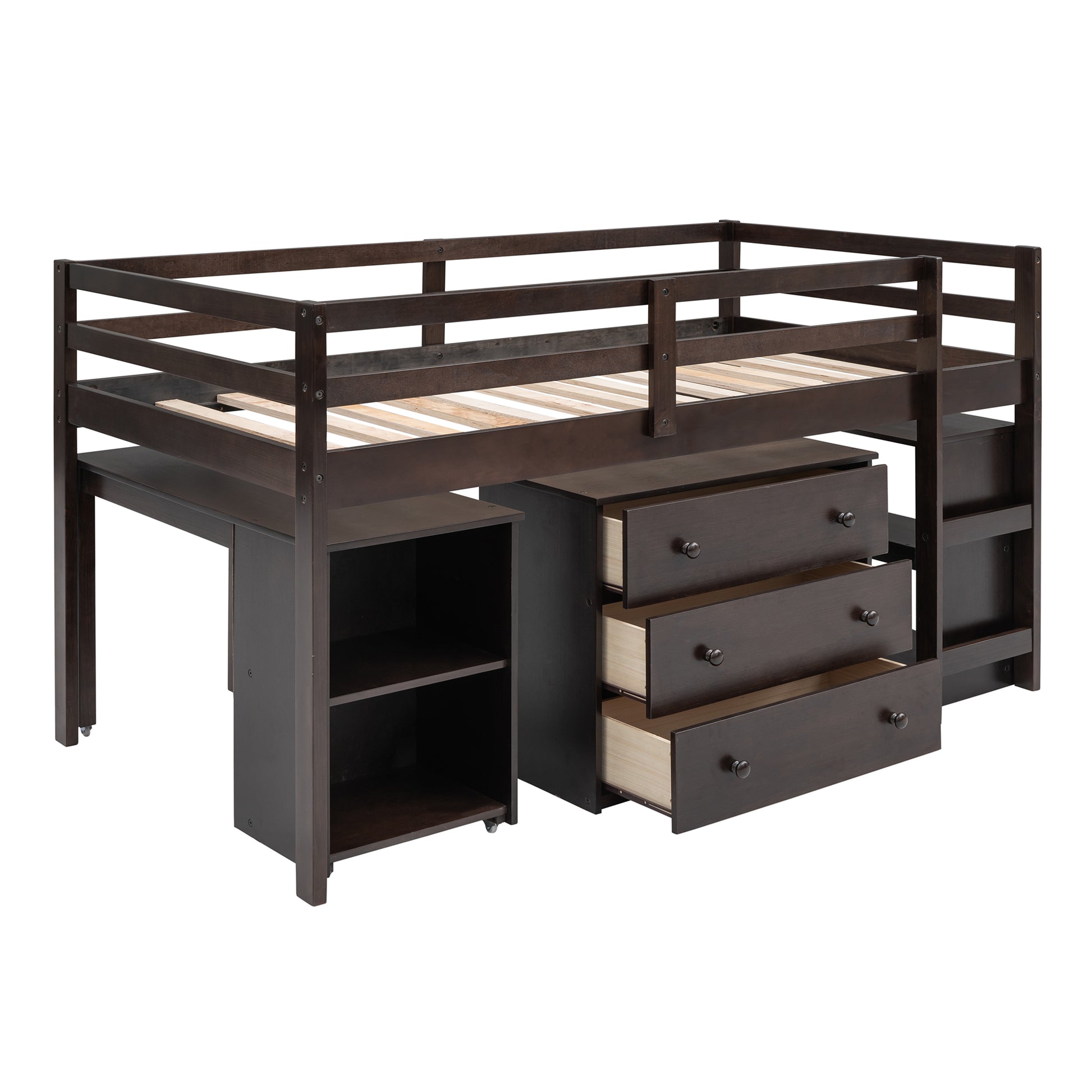 Low Study Twin Loft Bed With Cabinet And Rolling Portable Desk Espresso Old Sku :Lp000113Aap Espresso Solid Wood