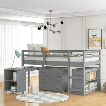 Low Study Twin Loft Bed With Cabinet And Rolling Portable Desk Gray Old Sku :Lp000113Aae Gray Solid Wood
