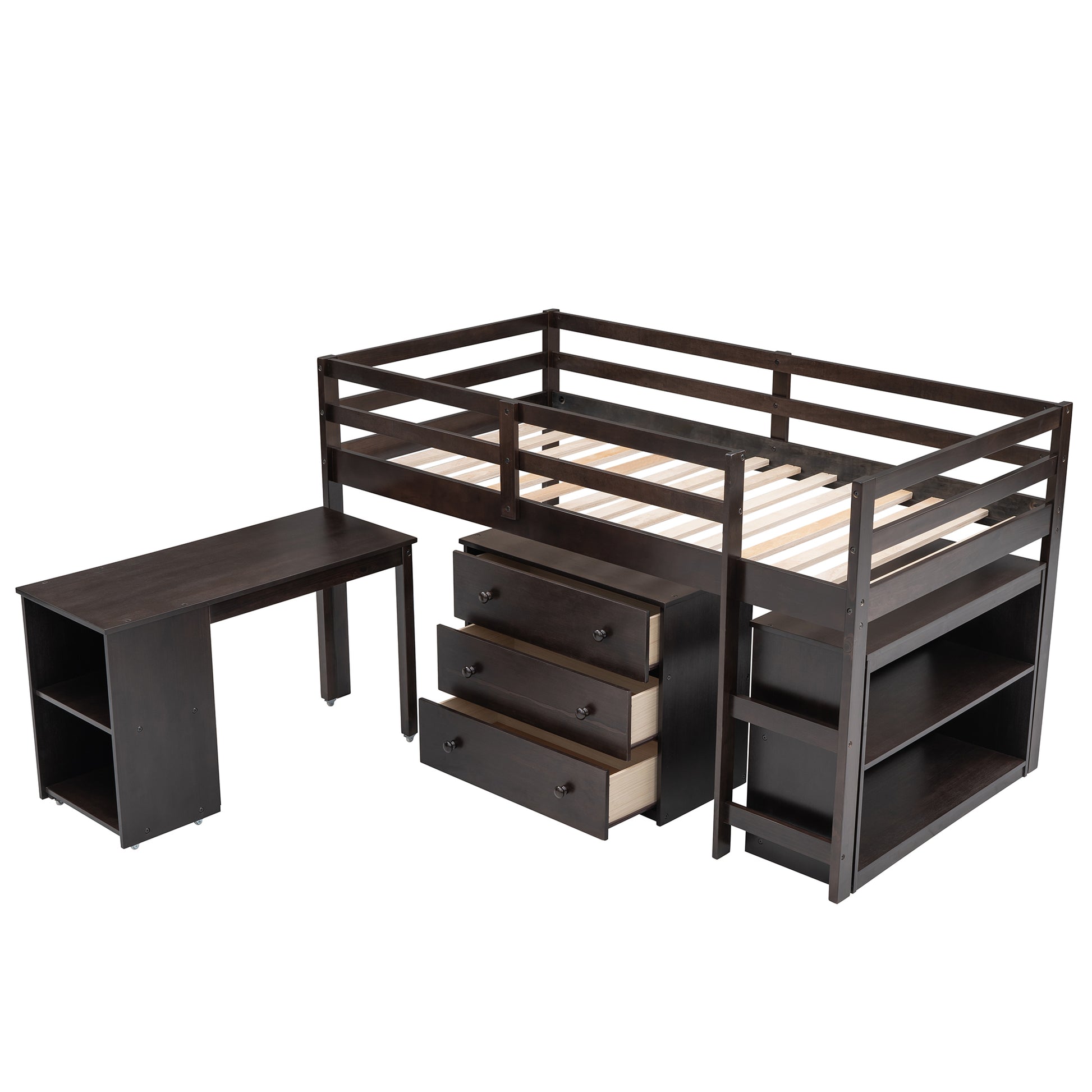 Low Study Twin Loft Bed With Cabinet And Rolling Portable Desk Espresso Old Sku :Lp000113Aap Espresso Solid Wood