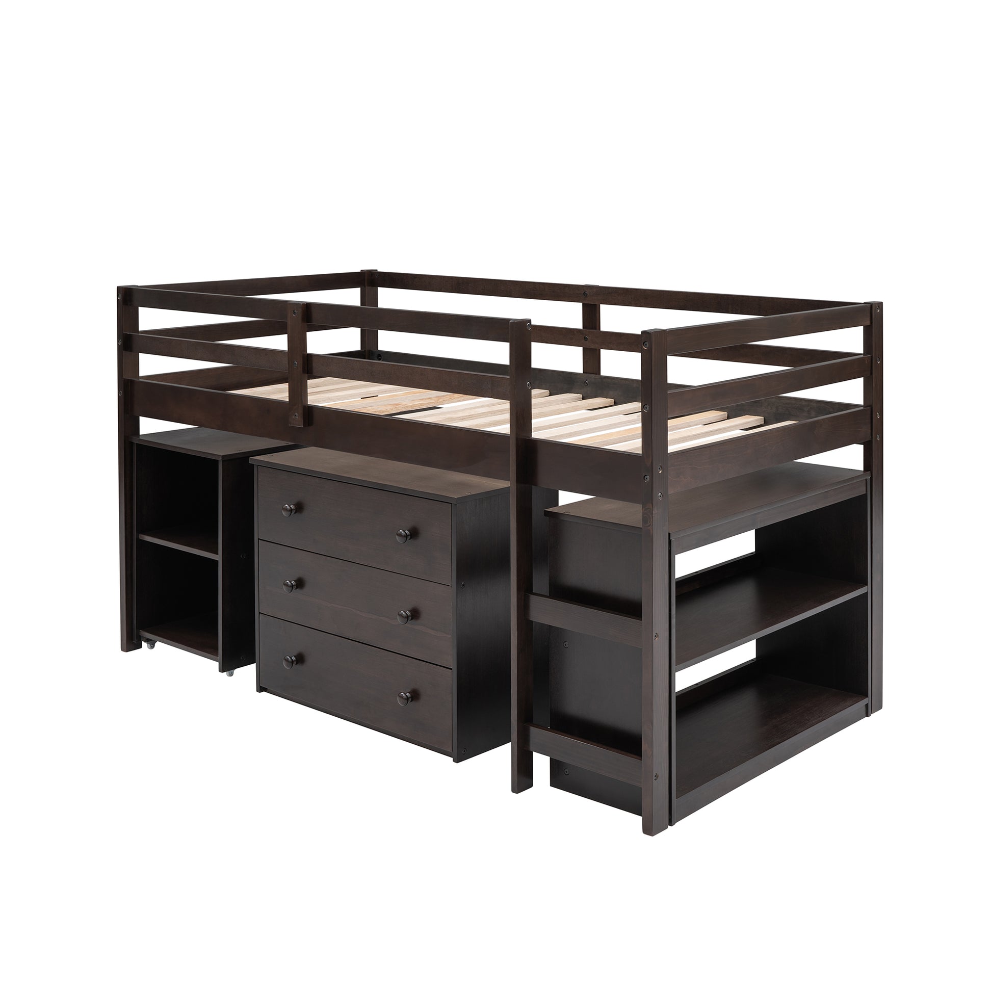 Low Study Twin Loft Bed With Cabinet And Rolling Portable Desk Espresso Old Sku :Lp000113Aap Espresso Solid Wood