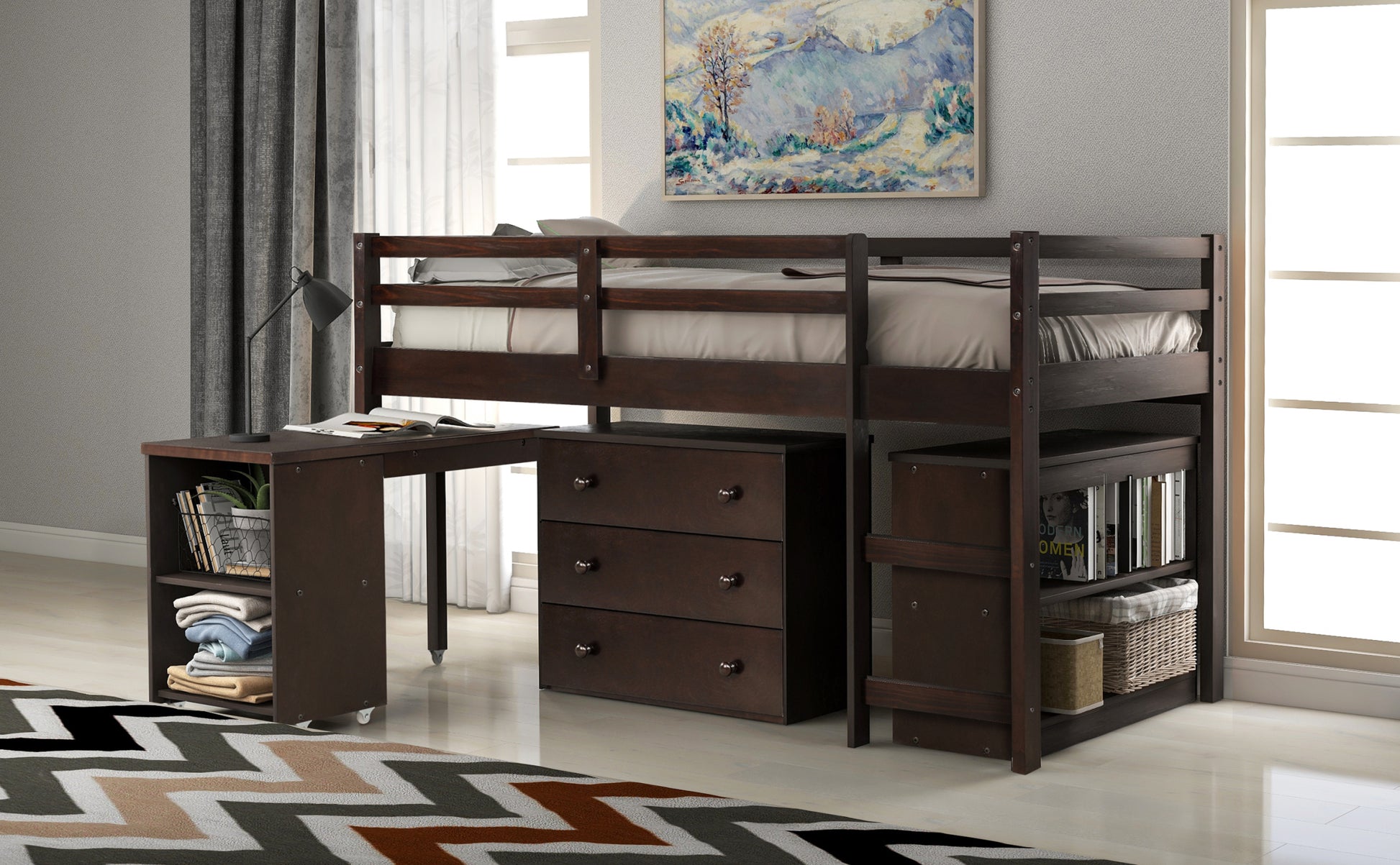 Low Study Twin Loft Bed With Cabinet And Rolling Portable Desk Espresso Old Sku :Lp000113Aap Espresso Solid Wood