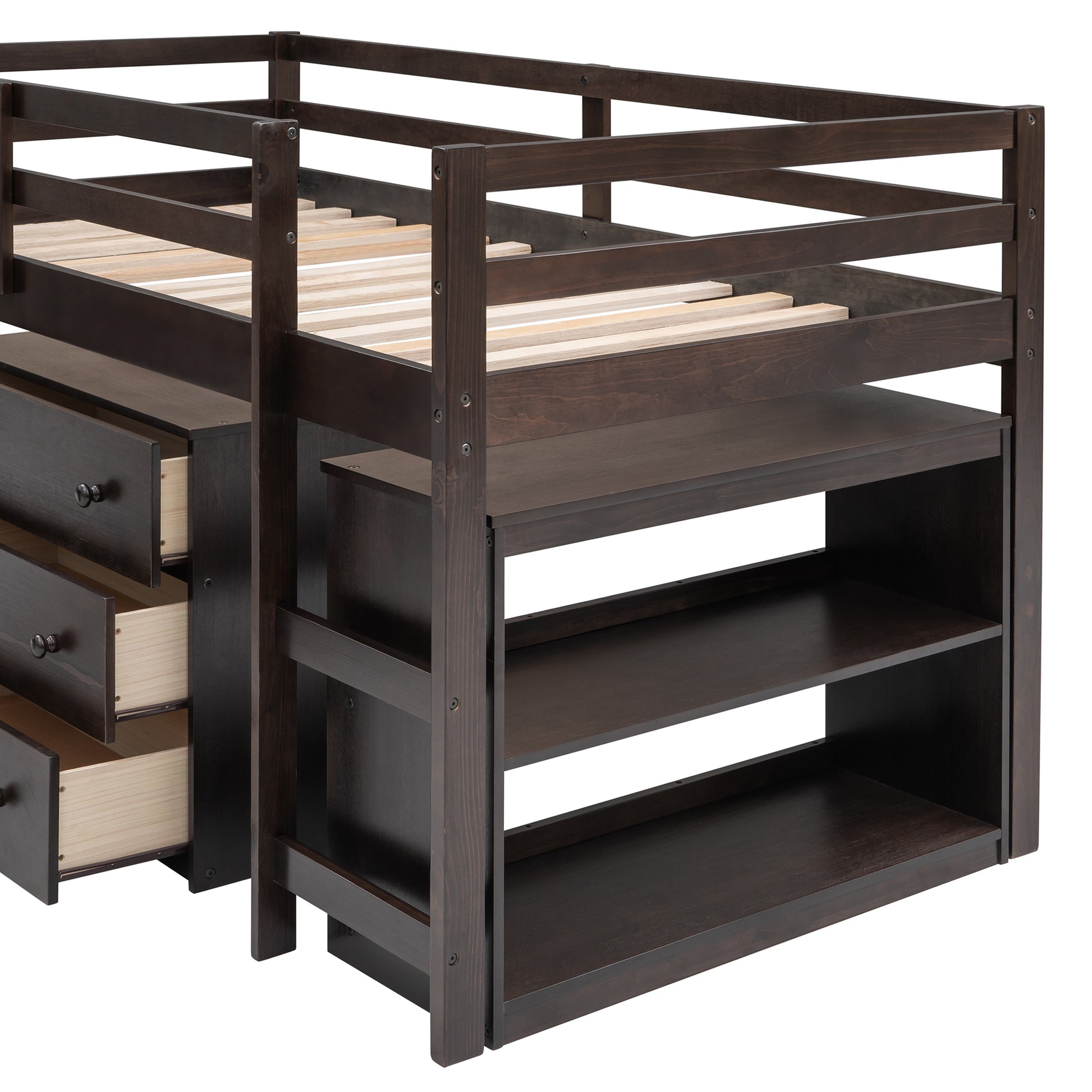 Low Study Twin Loft Bed With Cabinet And Rolling Portable Desk Espresso Old Sku :Lp000113Aap Espresso Solid Wood