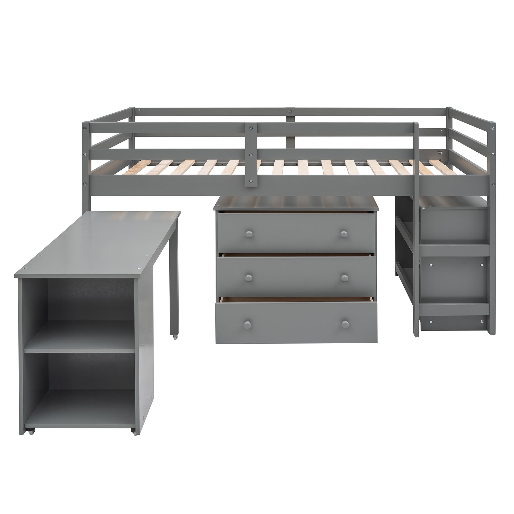 Low Study Twin Loft Bed With Cabinet And Rolling Portable Desk Gray Old Sku :Lp000113Aae Gray Solid Wood