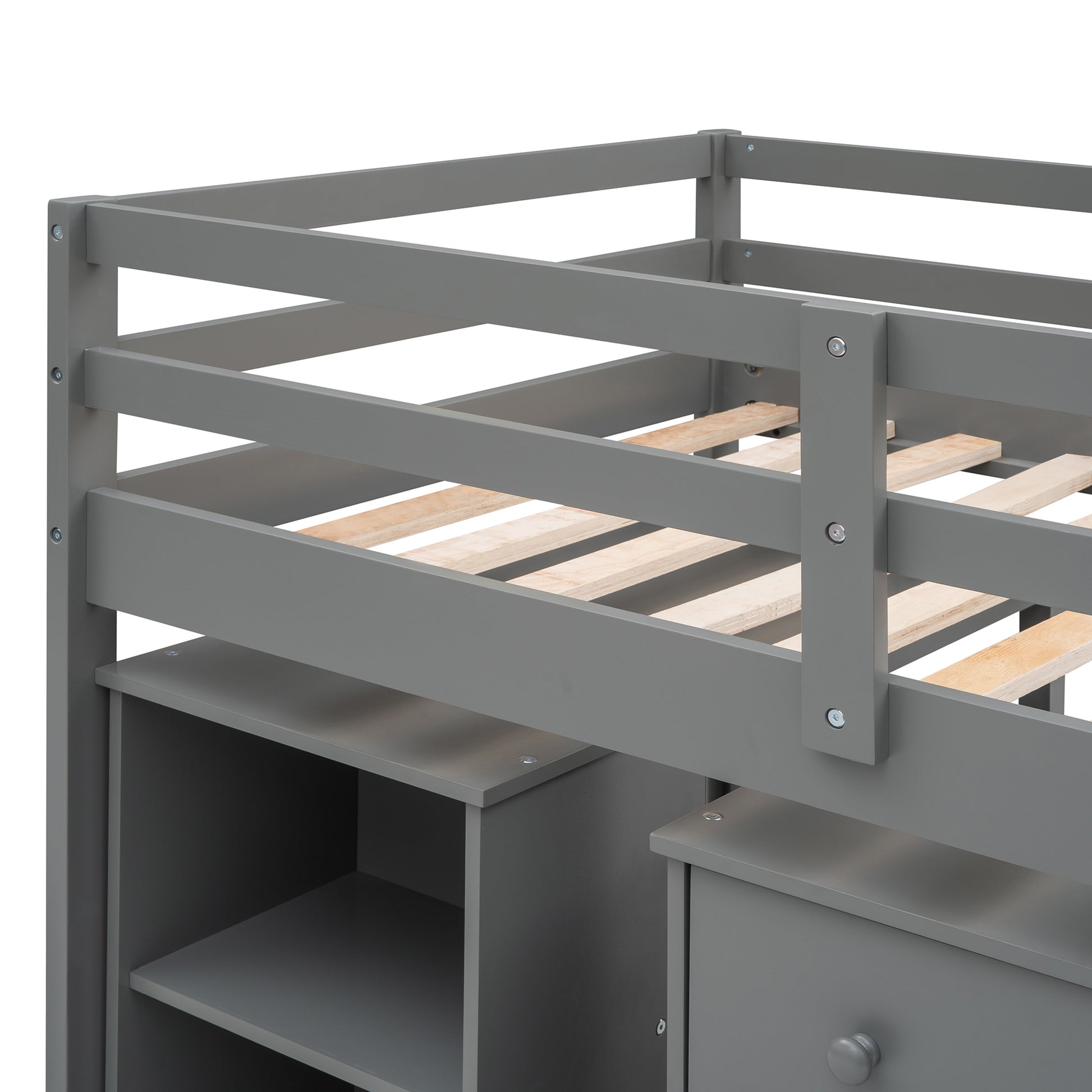 Low Study Twin Loft Bed With Cabinet And Rolling Portable Desk Gray Old Sku :Lp000113Aae Gray Solid Wood