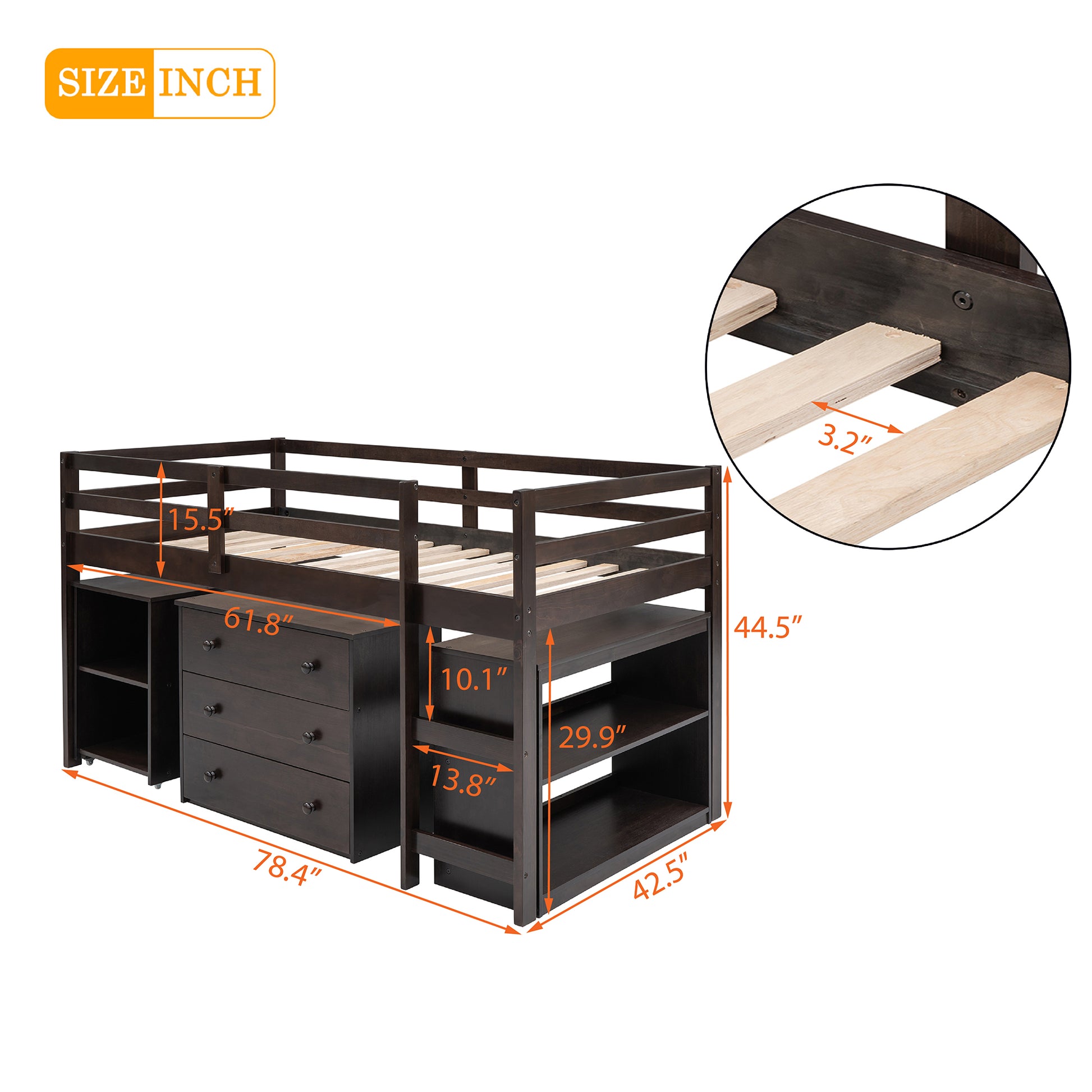 Low Study Twin Loft Bed With Cabinet And Rolling Portable Desk Espresso Old Sku :Lp000113Aap Espresso Solid Wood