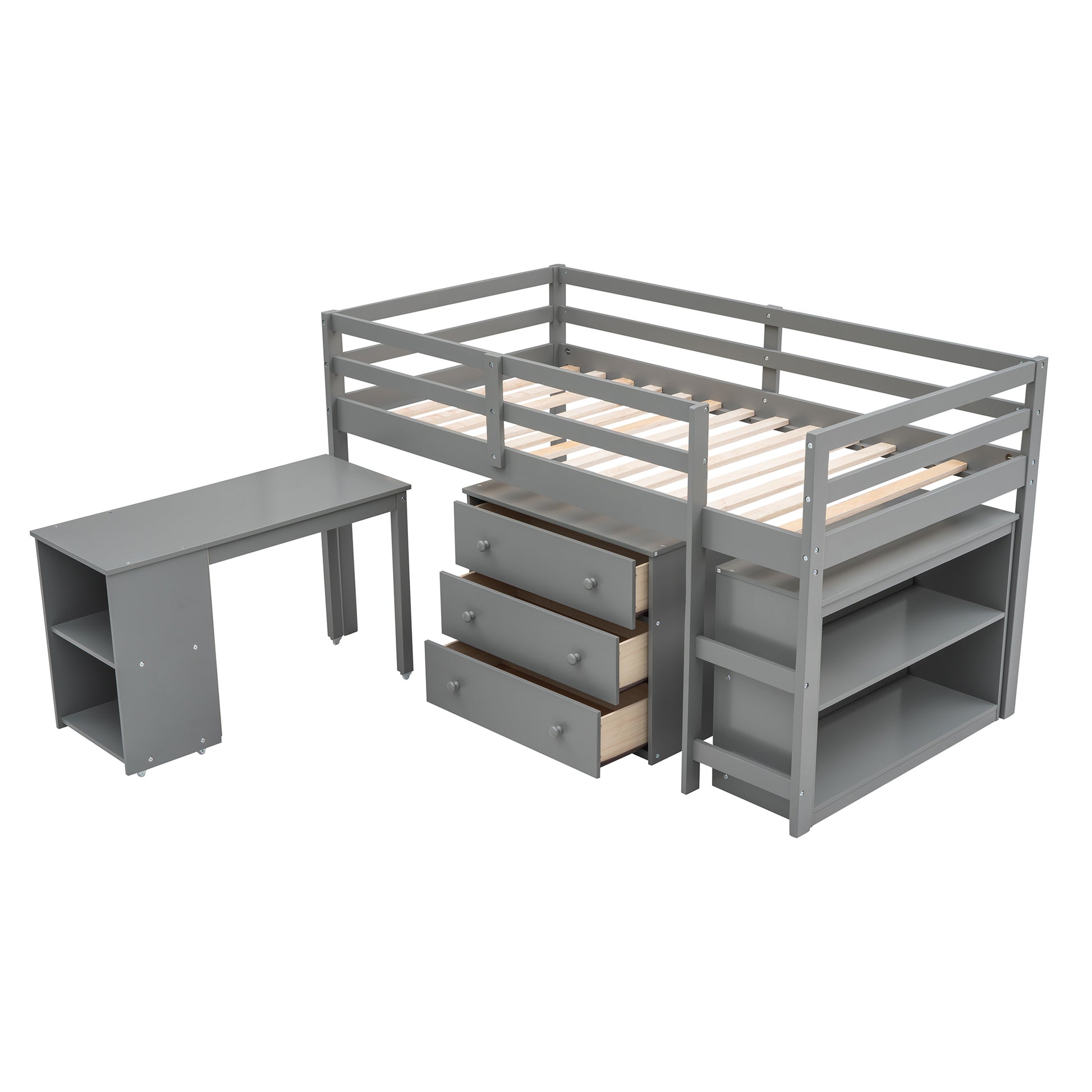 Low Study Twin Loft Bed With Cabinet And Rolling Portable Desk Gray Old Sku :Lp000113Aae Gray Solid Wood