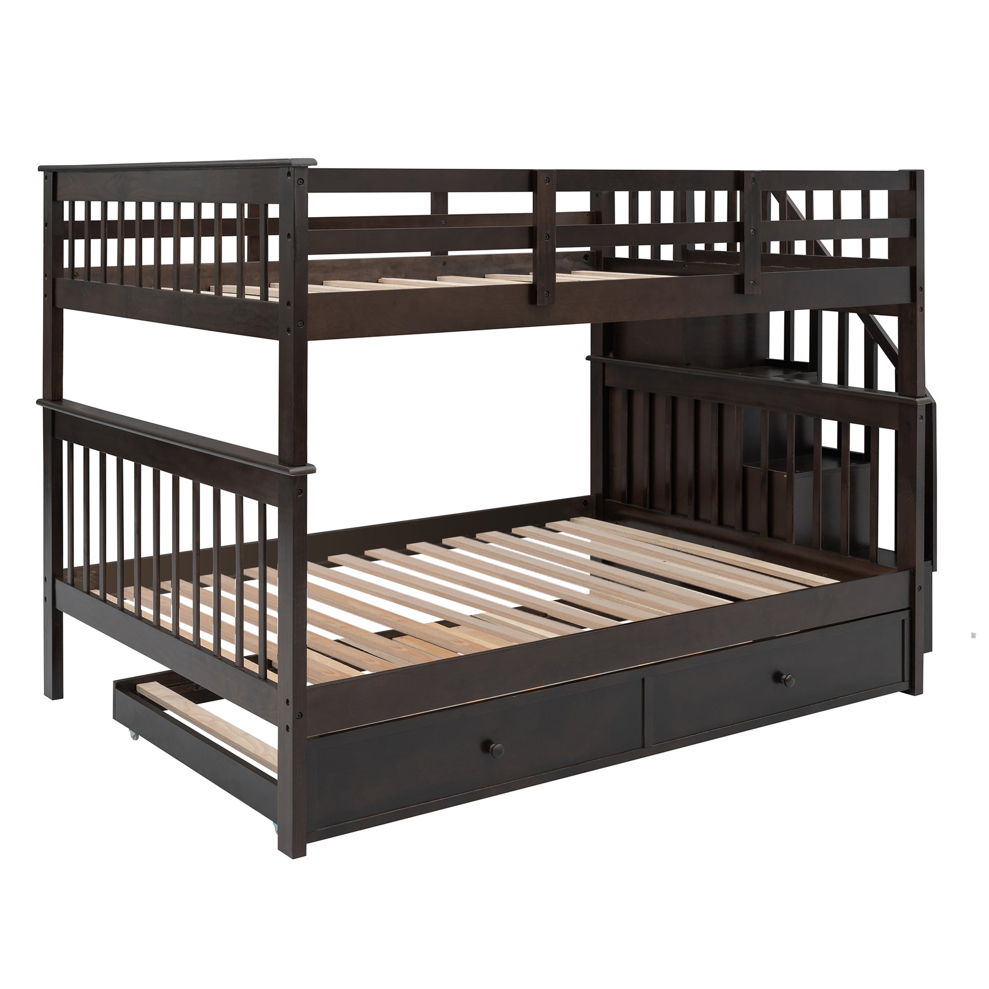 Stairway Full Over Full Bunk Bed With Twin Size Trundle, Storage And Guard Rail For Bedroom, Dorm Espresso Old Sku :Lp001210Aap Espresso Solid Wood