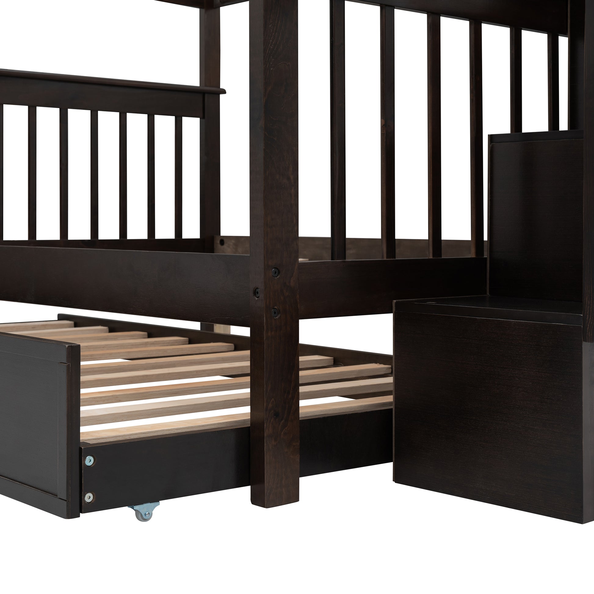 Stairway Full Over Full Bunk Bed With Twin Size Trundle, Storage And Guard Rail For Bedroom, Dorm Espresso Old Sku :Lp001210Aap Espresso Solid Wood