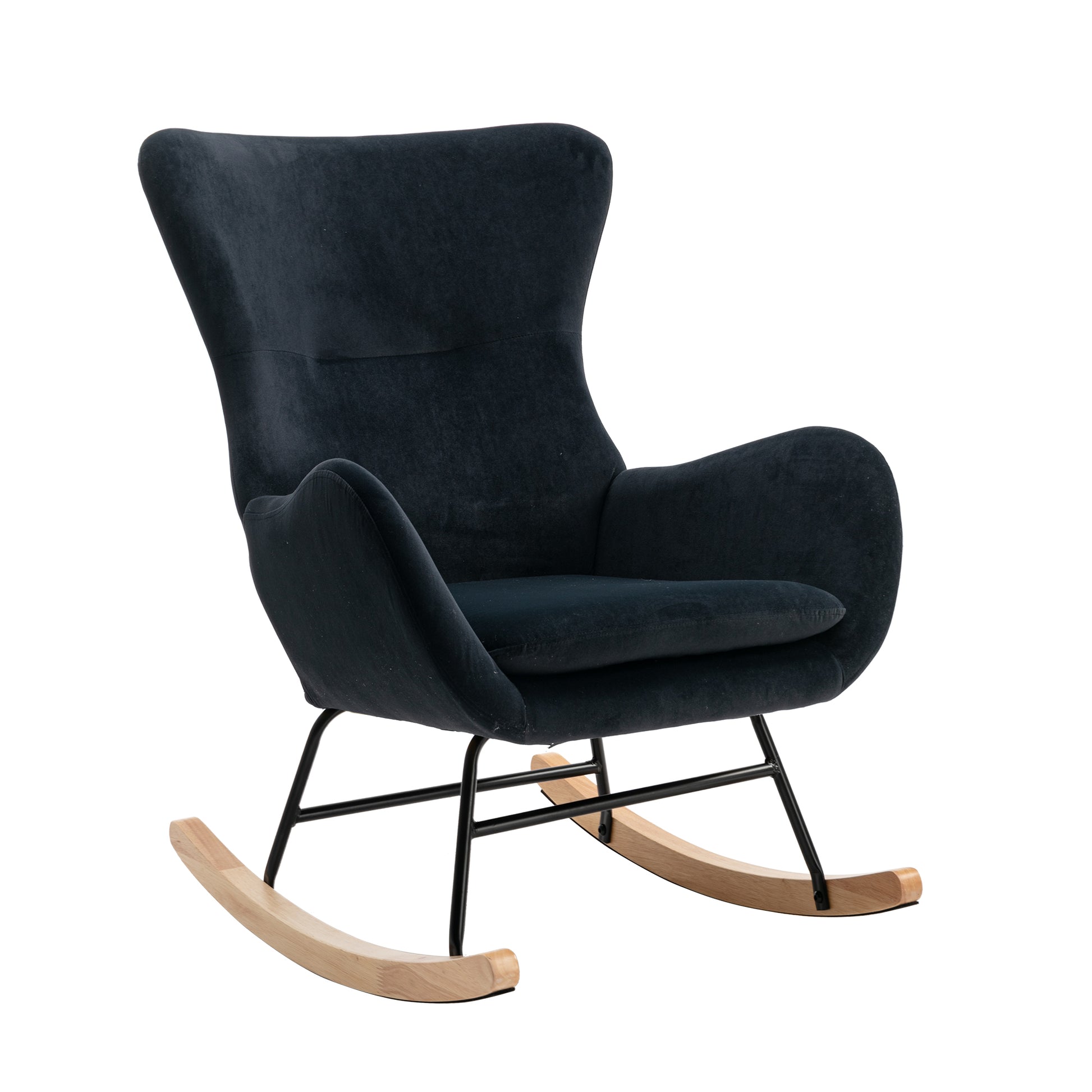 Velvet Fabric Padded Seat Rocking Chair With High Backrest And Armrests Black Foam Upholstered