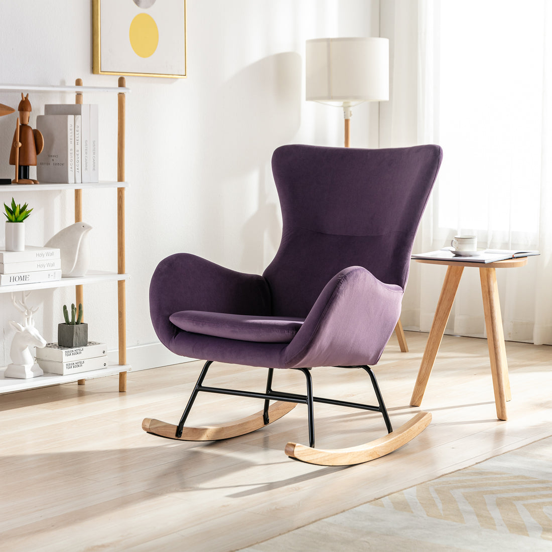 Velvet Fabric Padded Seat Rocking Chair With High Backrest And Armrests Purple Foam Upholstered