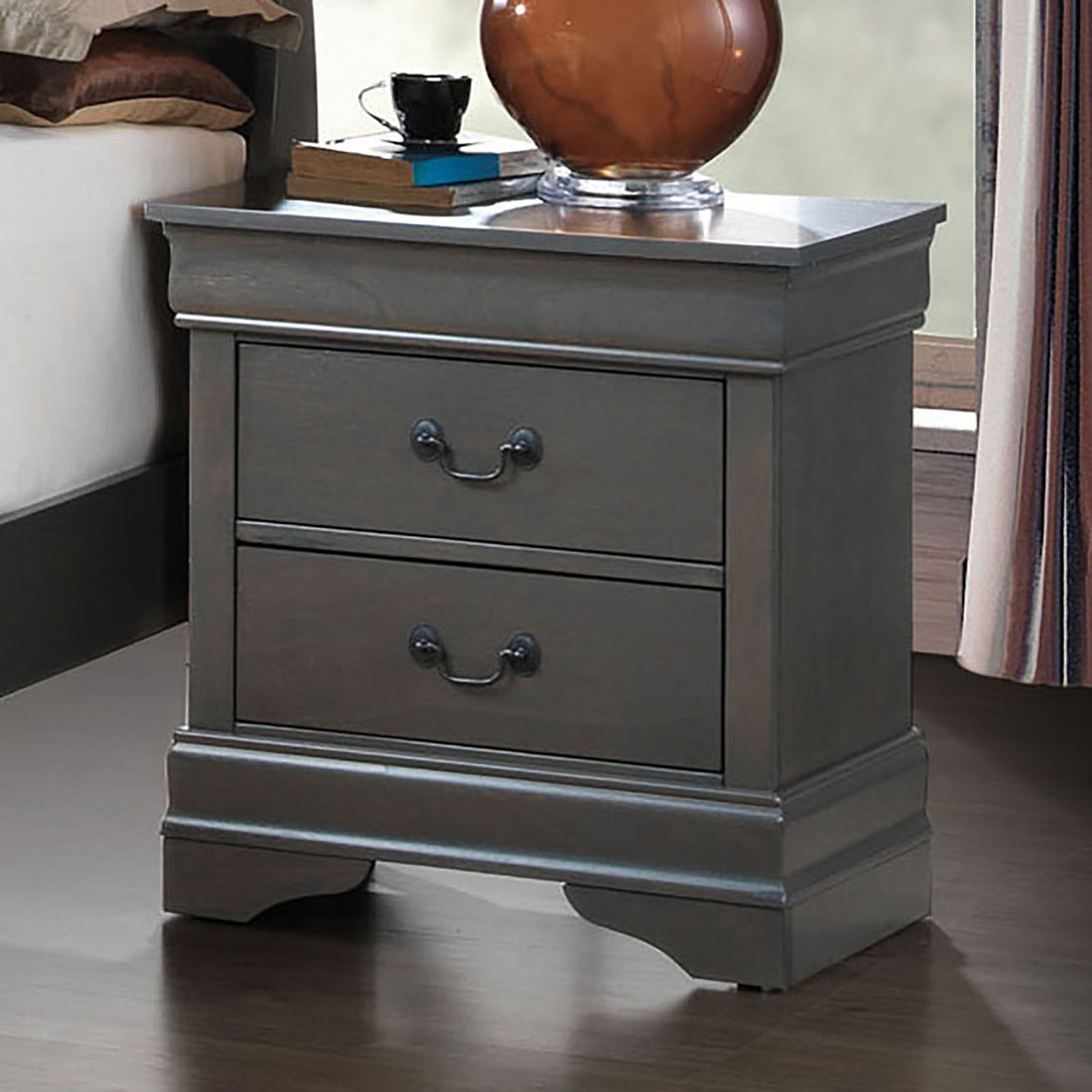 1Pc Nightstand Gray Louis Philippe Solid Wood English Dovetail Construction Antique Nickle Hanging Pulls Gray 2 Drawers Bedroom Bedside Cabinet Contemporary,Transitional Rubberwood Drawers Solid Wood
