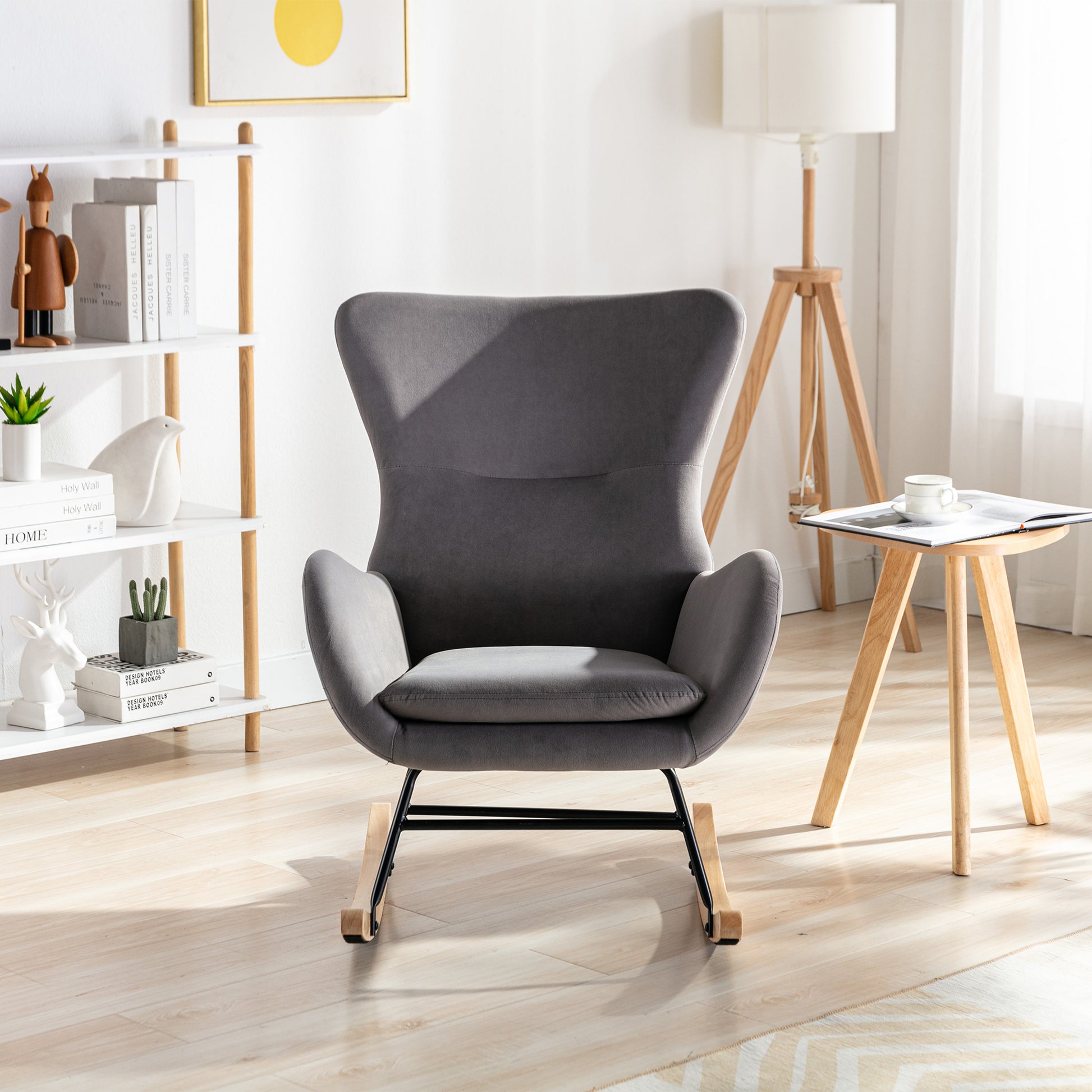 Velvet Fabric Padded Seat Rocking Chair With High Backrest And Armrests Dark Grey Foam Upholstered