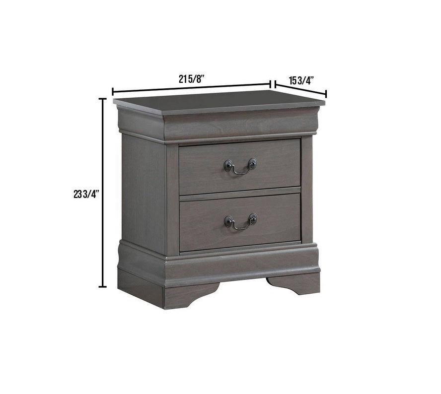 1Pc Nightstand Gray Louis Philippe Solid Wood English Dovetail Construction Antique Nickle Hanging Pulls Gray 2 Drawers Bedroom Bedside Cabinet Contemporary,Transitional Rubberwood Drawers Solid Wood