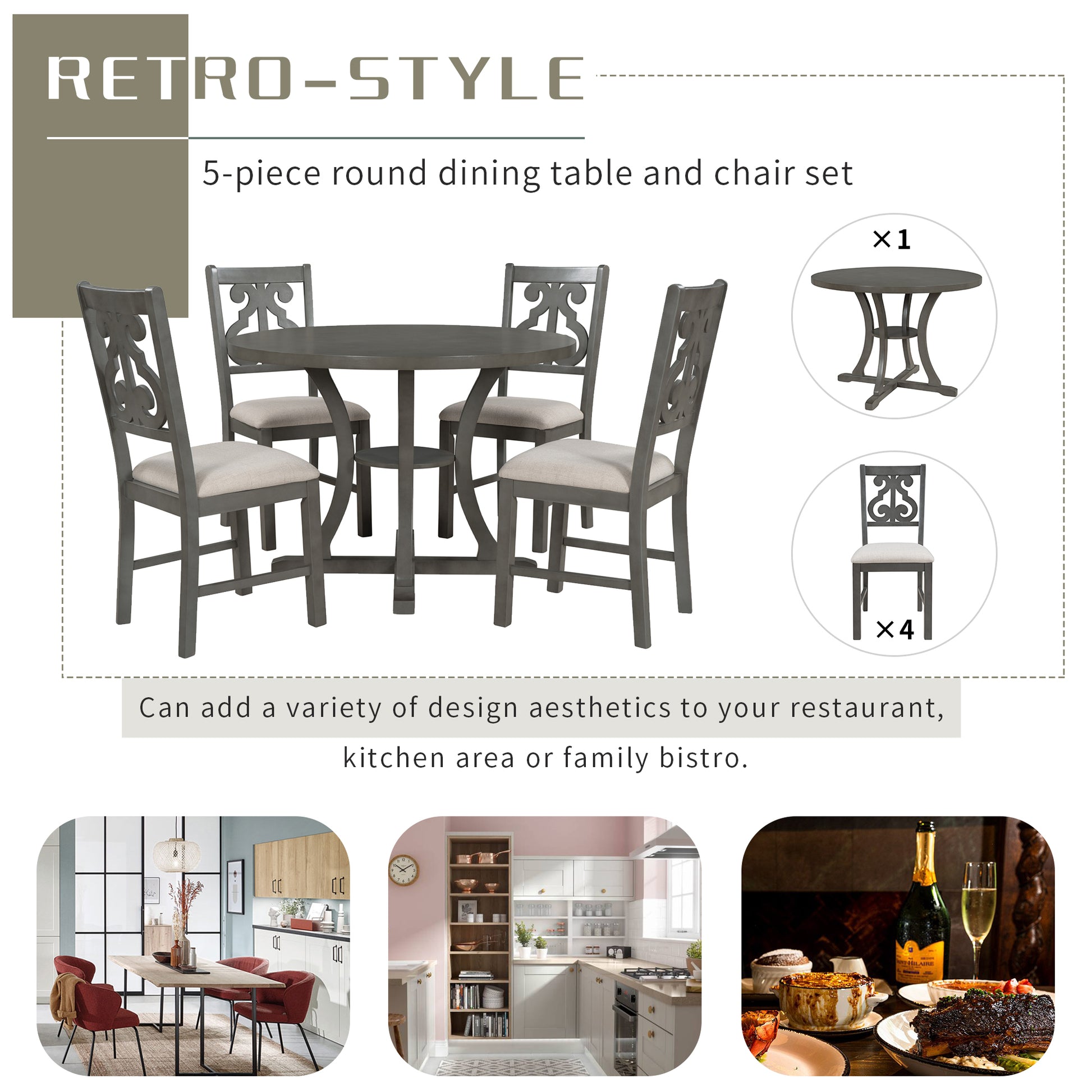 5 Piece Round Dining Table And Chair Set With Special Shaped Legs And An Exquisitely Designed Hollow Chair Back For Dining Room Gray Gray Mdf