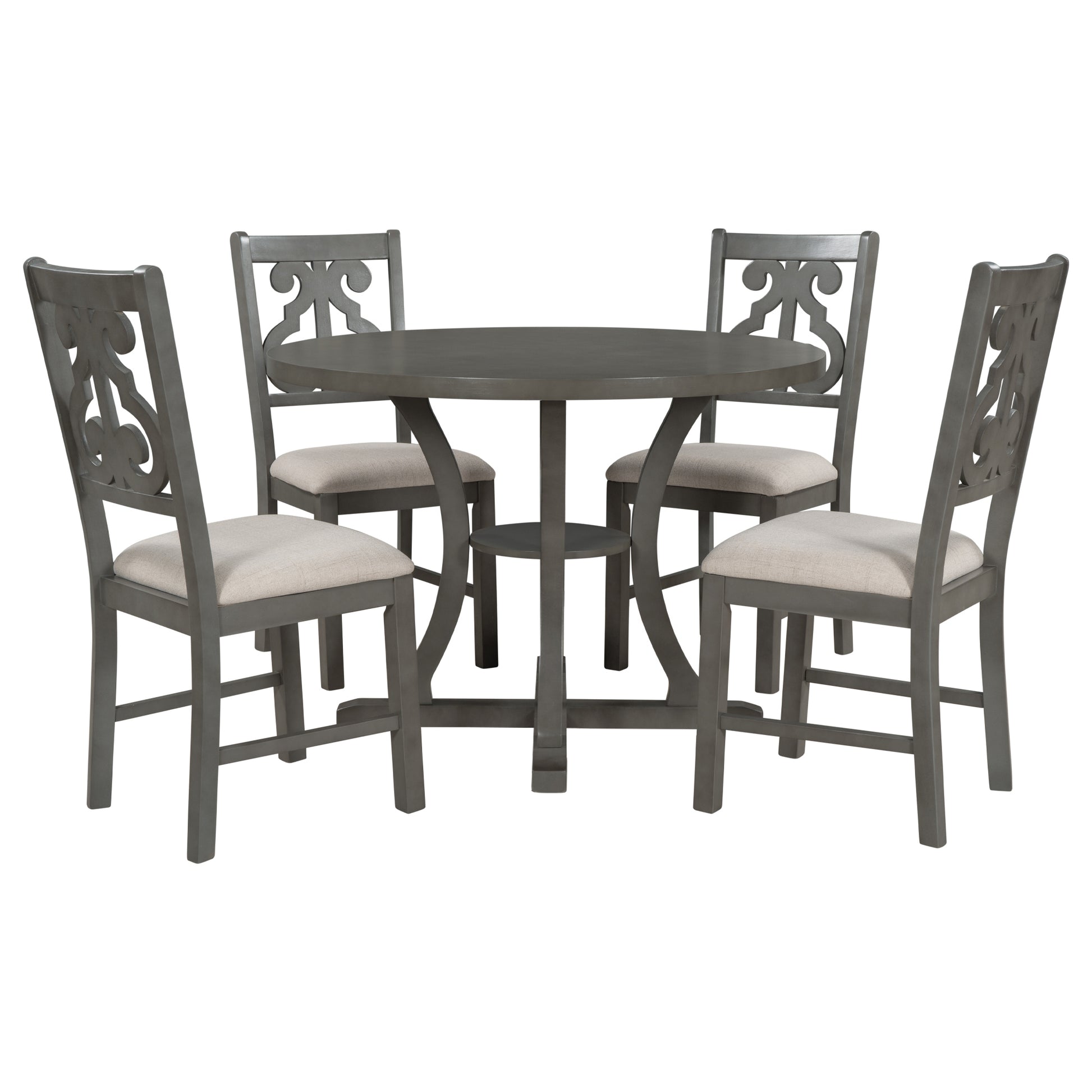 5 Piece Round Dining Table And Chair Set With Special Shaped Legs And An Exquisitely Designed Hollow Chair Back For Dining Room Gray Gray Mdf
