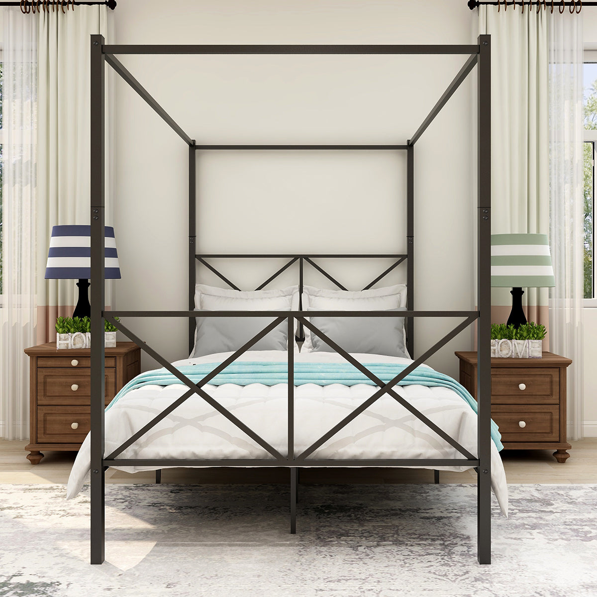 Metal Canopy Bed Frame, Platform Bed Frame With X Shaped Frame Full Black Black Metal