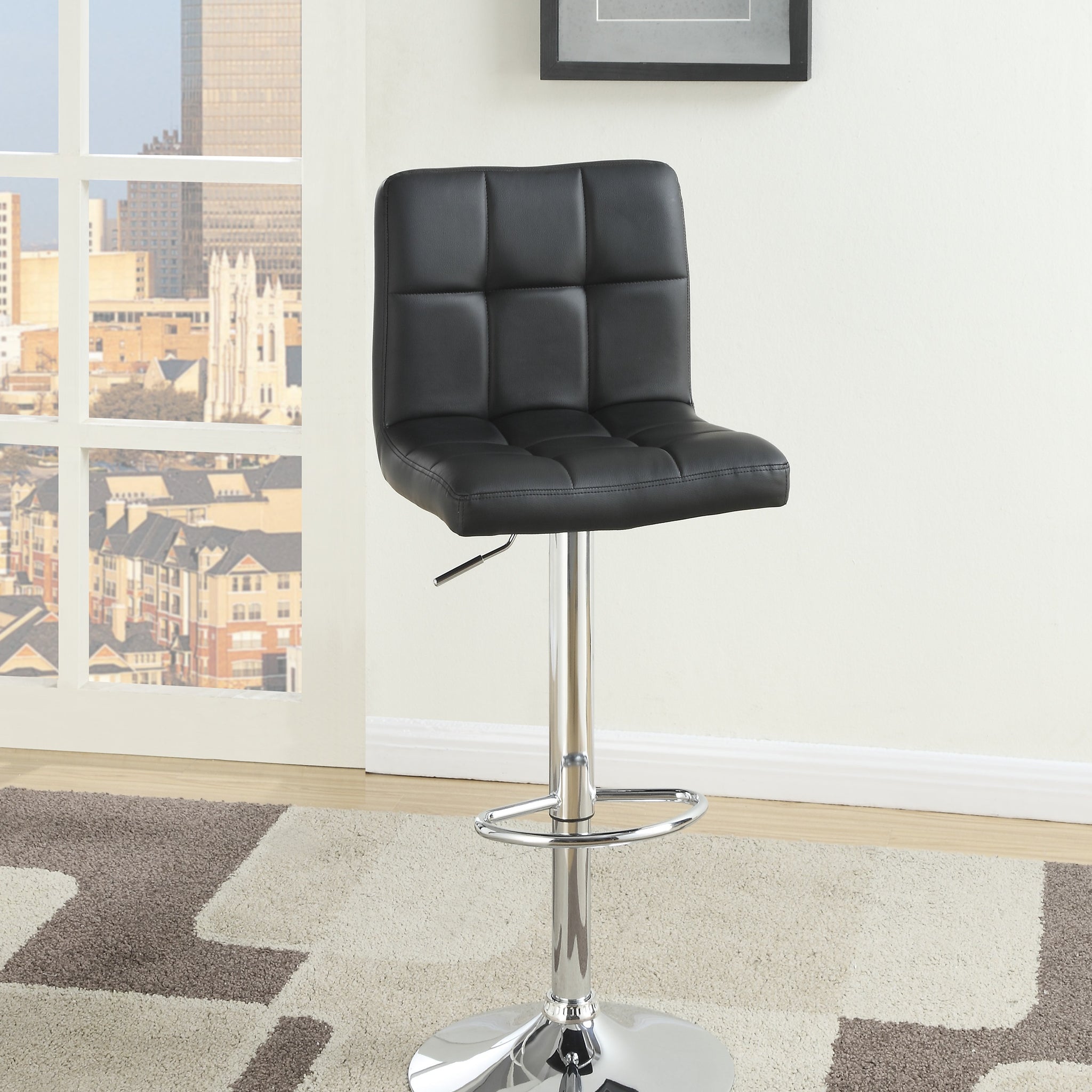 Black Faux Leather Bar Stool Counter Height Chairs Set Of 2 Adjustable Height Kitchen Island Stools Modern Black Dining Room Contemporary,Modern Bar Stools Tufted Back Metal