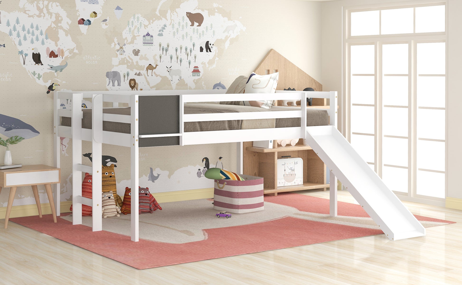 Full Size Loft Bed Wood Bed With Slide, Stair And Chalkboard,White Old Sku:Wf282116Aak White Solid Wood