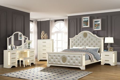 Vanity Set With Side Led Lightning Made With Wood In Beige Beige Drawer 5 Drawers & Above Ball Bearing Glides Bedroom Contemporary,Modern Acacia Mirror Included Solid Wood Mdf Wood