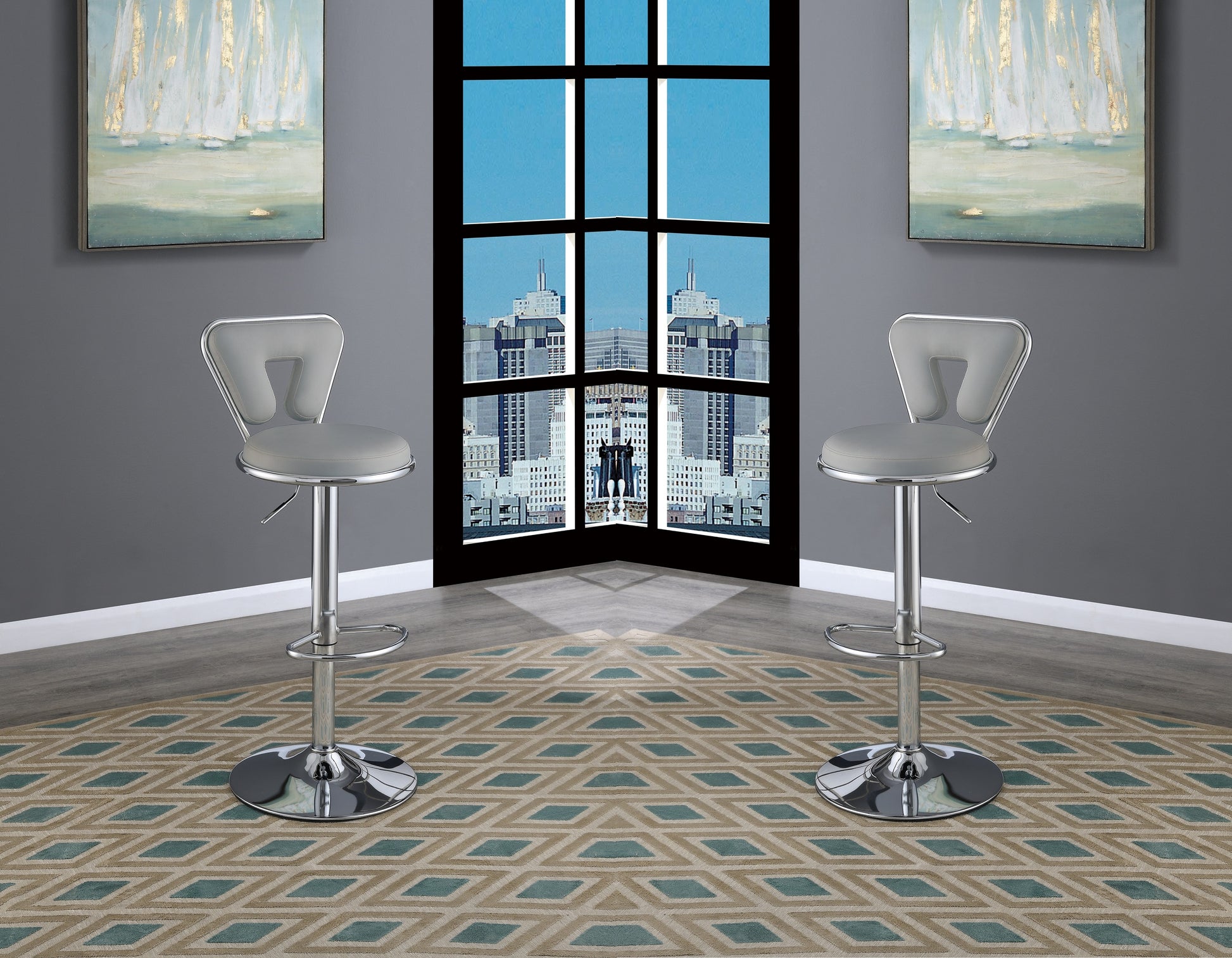 Adjustable Bar Stool Gas Lift Chair Gray Faux Leather Chrome Base Metal Frame Modern Stylish Set Of 2 Chairs Gray Dining Room Contemporary,Modern Bar Stools Metal