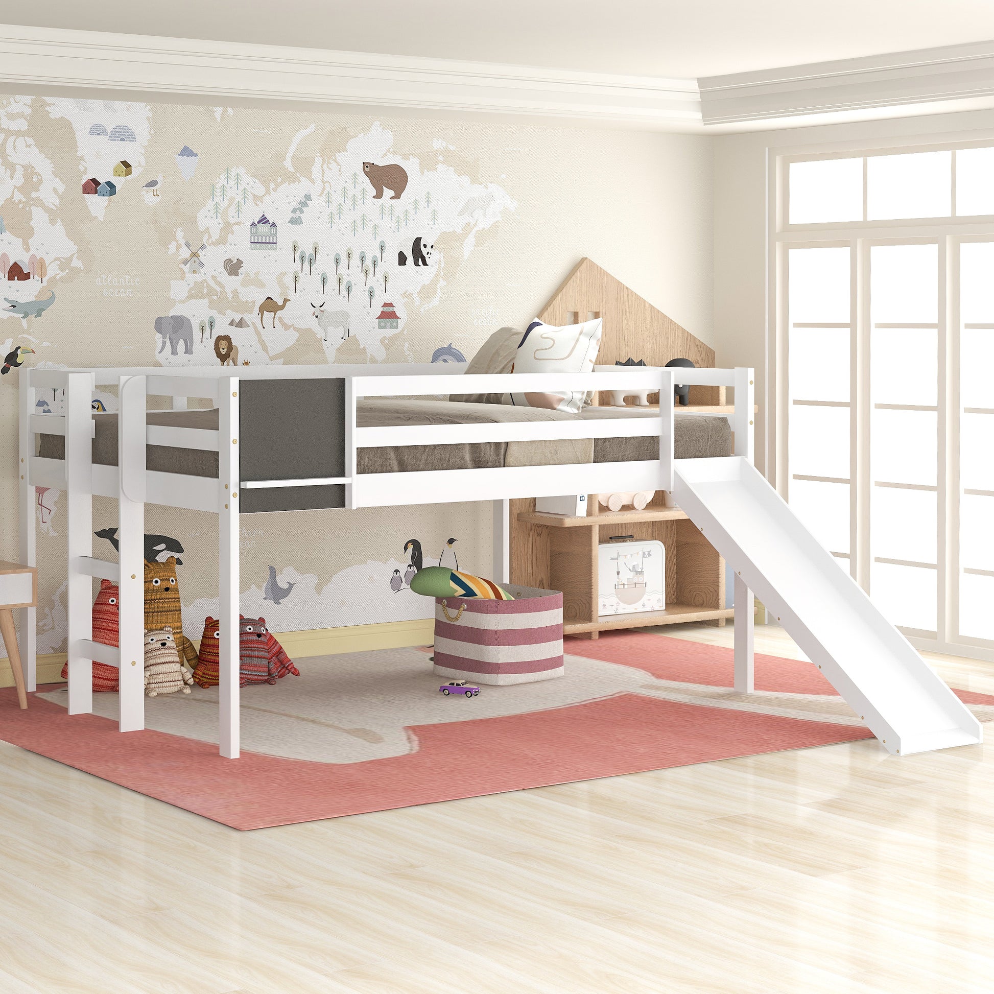 Full Size Loft Bed Wood Bed With Slide, Stair And Chalkboard,White Old Sku:Wf282116Aak White Solid Wood